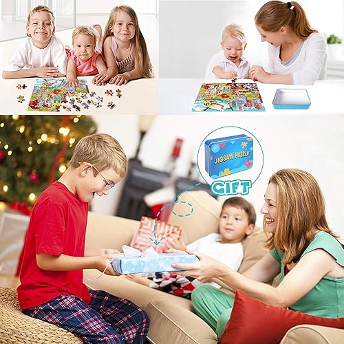 Miniatura 7 de LELEMON Rompecabezas para niños de 4 a 8 años, rompecabezas en una caja de metal para niños y niñas, 100 piezas, camión de bomberos, ambulancia,