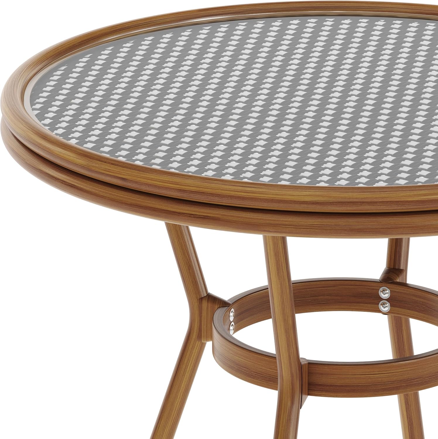 Flash Furniture Lourdes Indoor/Outdoor Commercial Bistro Table - Tempered Glass Top - PE Rattan - Natural Bamboo Print Aluminum Frame - 31.5" - Black/White