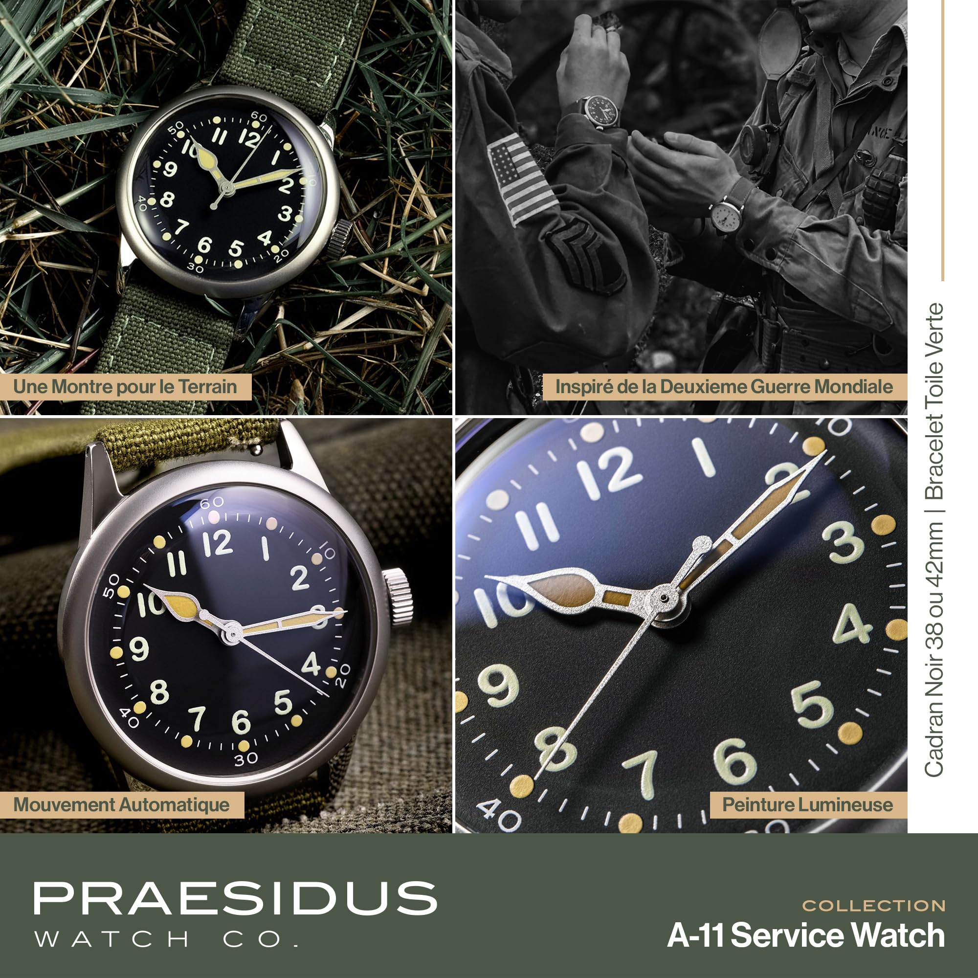 PRAESIDUS | Serwis Watch - automatyczny zegarek wojskowy, męski zegarek wojskowy - czarna tarcza ze stali nierdzewnej 38 mm, zielony pasek z płótna - męski automatyczny zegarek, wojskowy zegarek USA