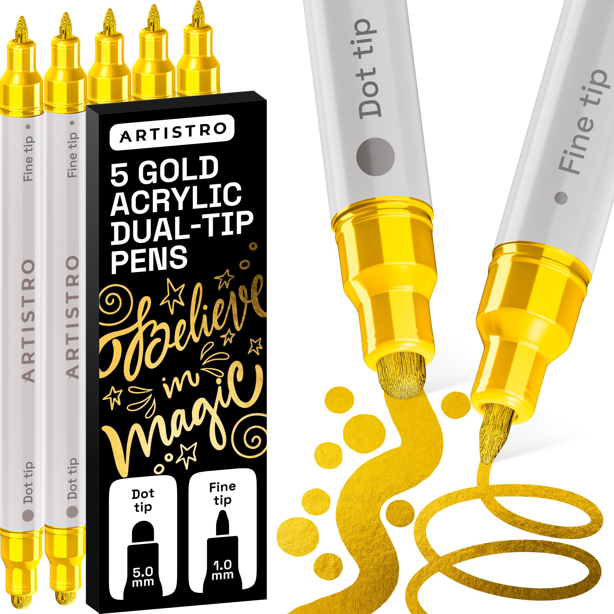ARTISTRO Acrylic Paint Markers for Rock, Fabric, Wood, Glass, Decoration - Dual-Tip Paint Pens for Coloring Books for Adults, Teens, Kids - Art and Craft Supplies Kit - Gift Idea: 5 Gold