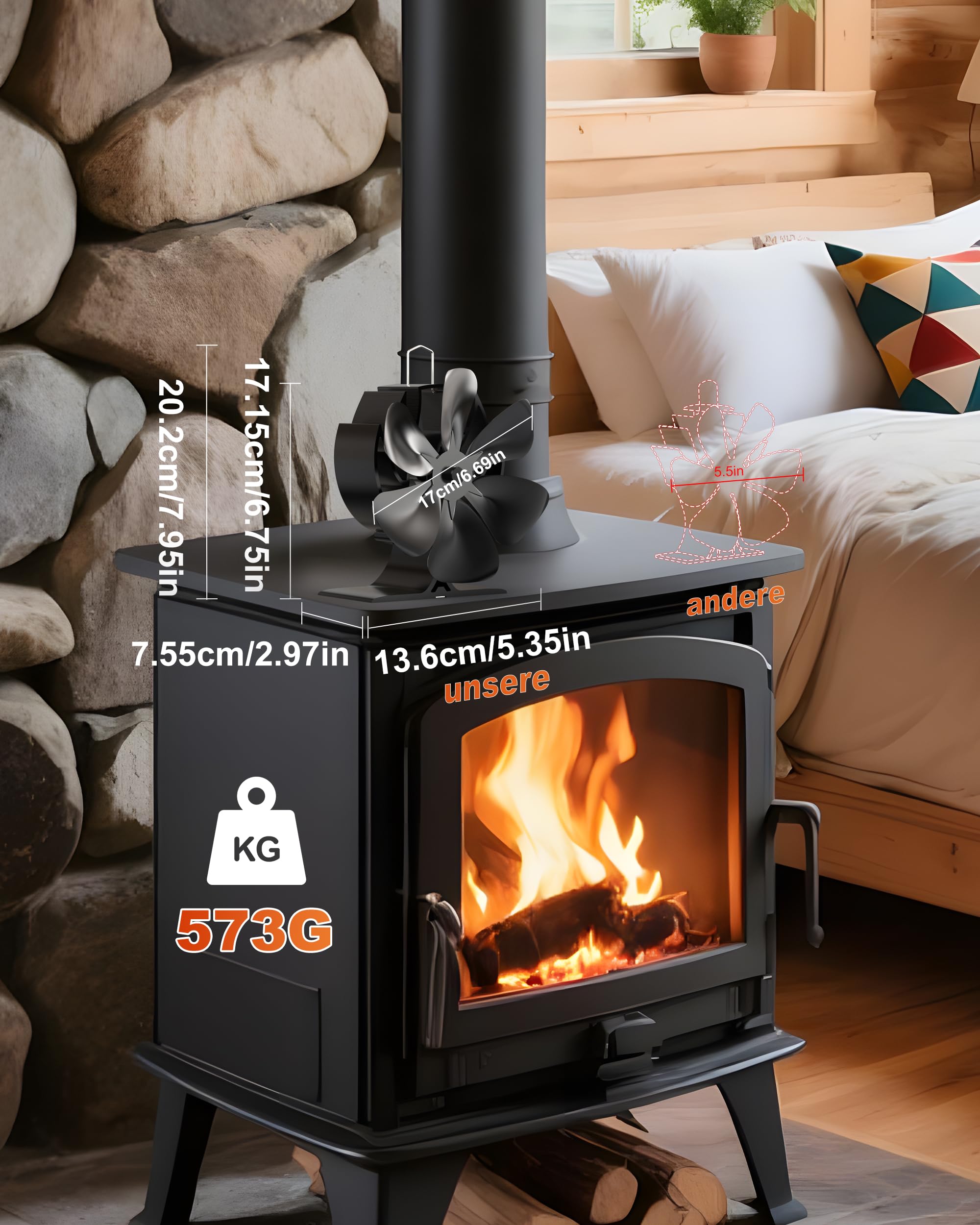Signstek Kaminventilator Ofenventilator ohne strom (Vier-Blättern)