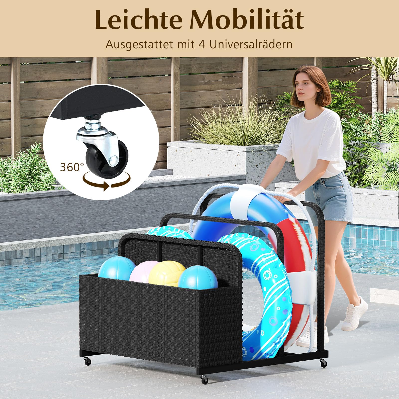 COSTWAY Pool Aufbewahrungskorb mit Rollen, PE Rattan Aufbewahrungsbehälter, Aufbewahrungsbox für Schwimmhilfen, Kissen, Rettungswesten, Strandbälle (Schwarz)