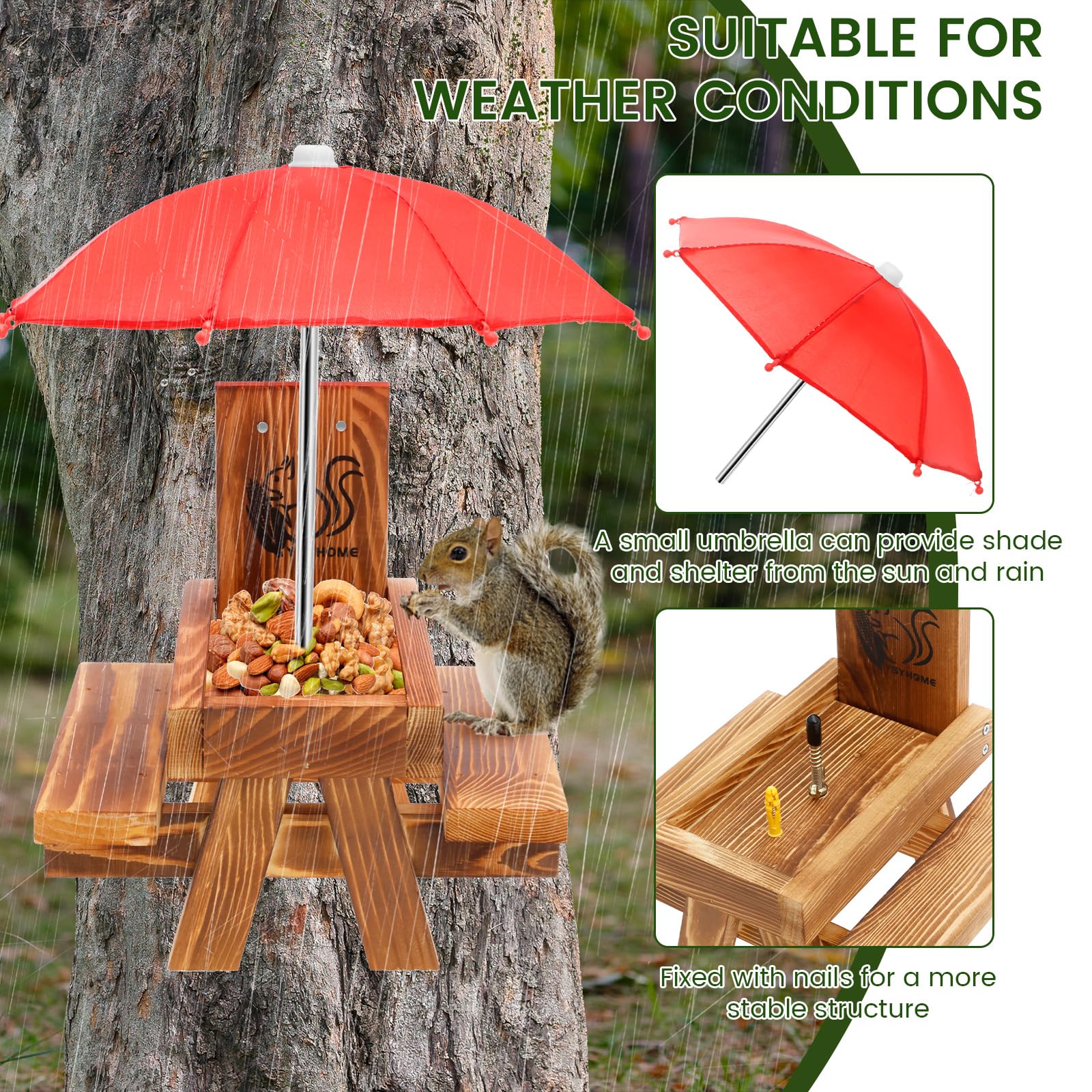 Alimentador de ardilla de madera con paraguas,Alimentador de ardilla para exteriores Mesa de picnic Divertida con estructura sólida Alimentador de ardilla con soporte para mazorcas de maíz