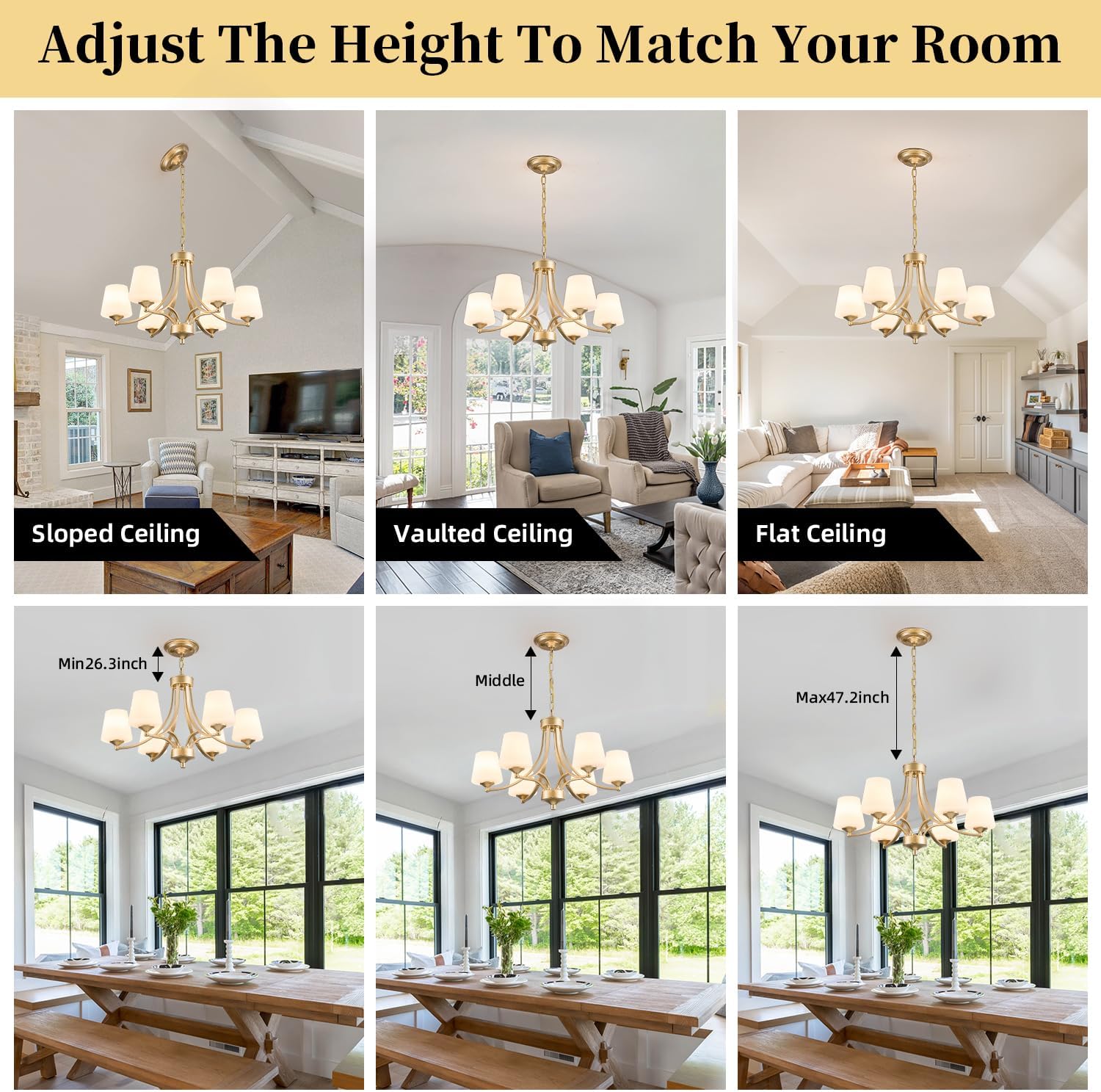 6-Light Modern Gold Chandeliers for Dining Room 47.2'' Adjustable Height Farmhouse Pendant Light with Frosted Glass Shades,Gold Round Chandeliers Hanging Lamp for Kitchen Island Dining Table Entryway
