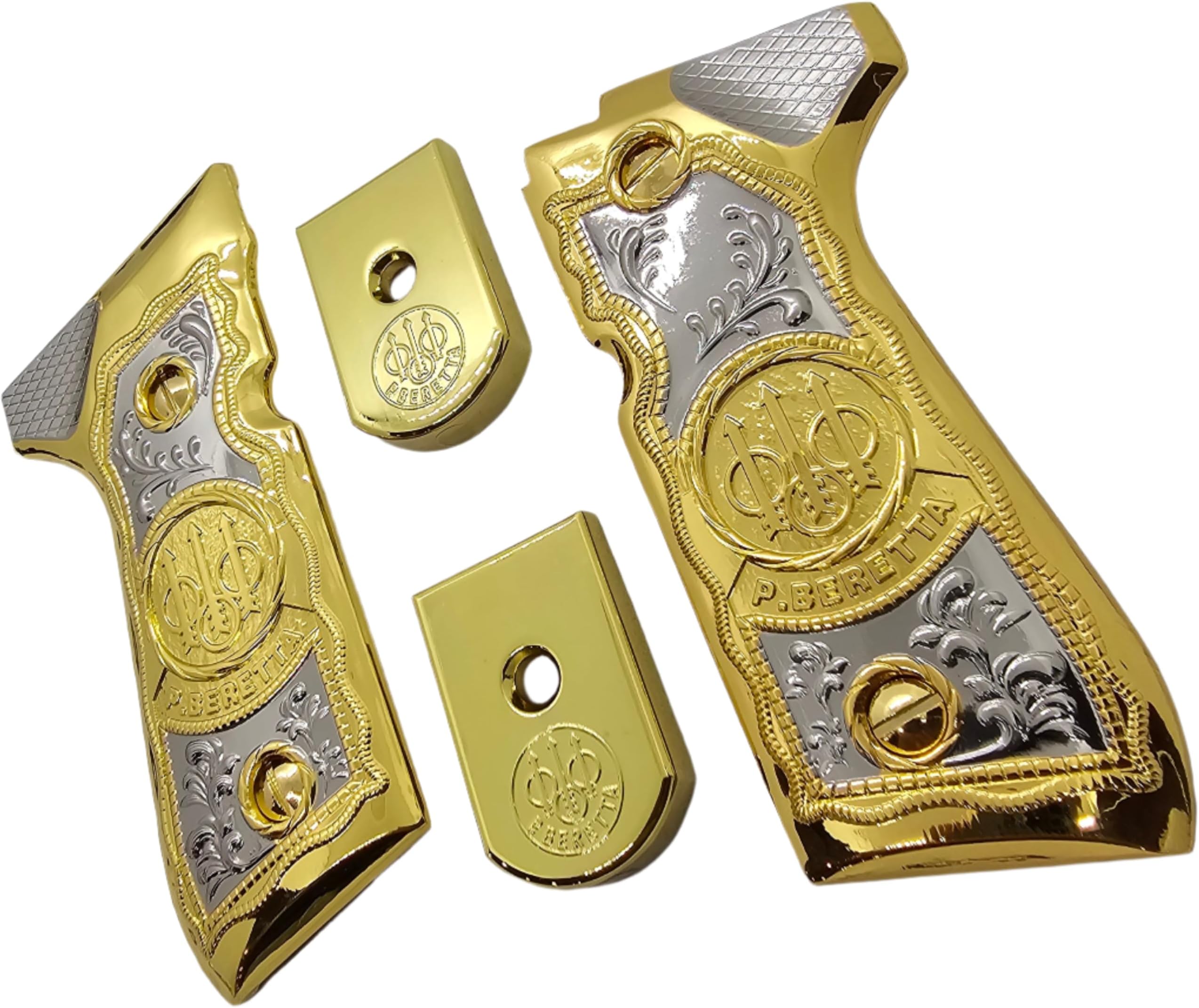 Combo Metal Grip Set with 2 Magazine Floor Plates, Compatible with Beretta 92F, 92FS, M9 & 96 Series, Nickel and Gold Two-Tone Plated Finish Decorative Replacement Accessory