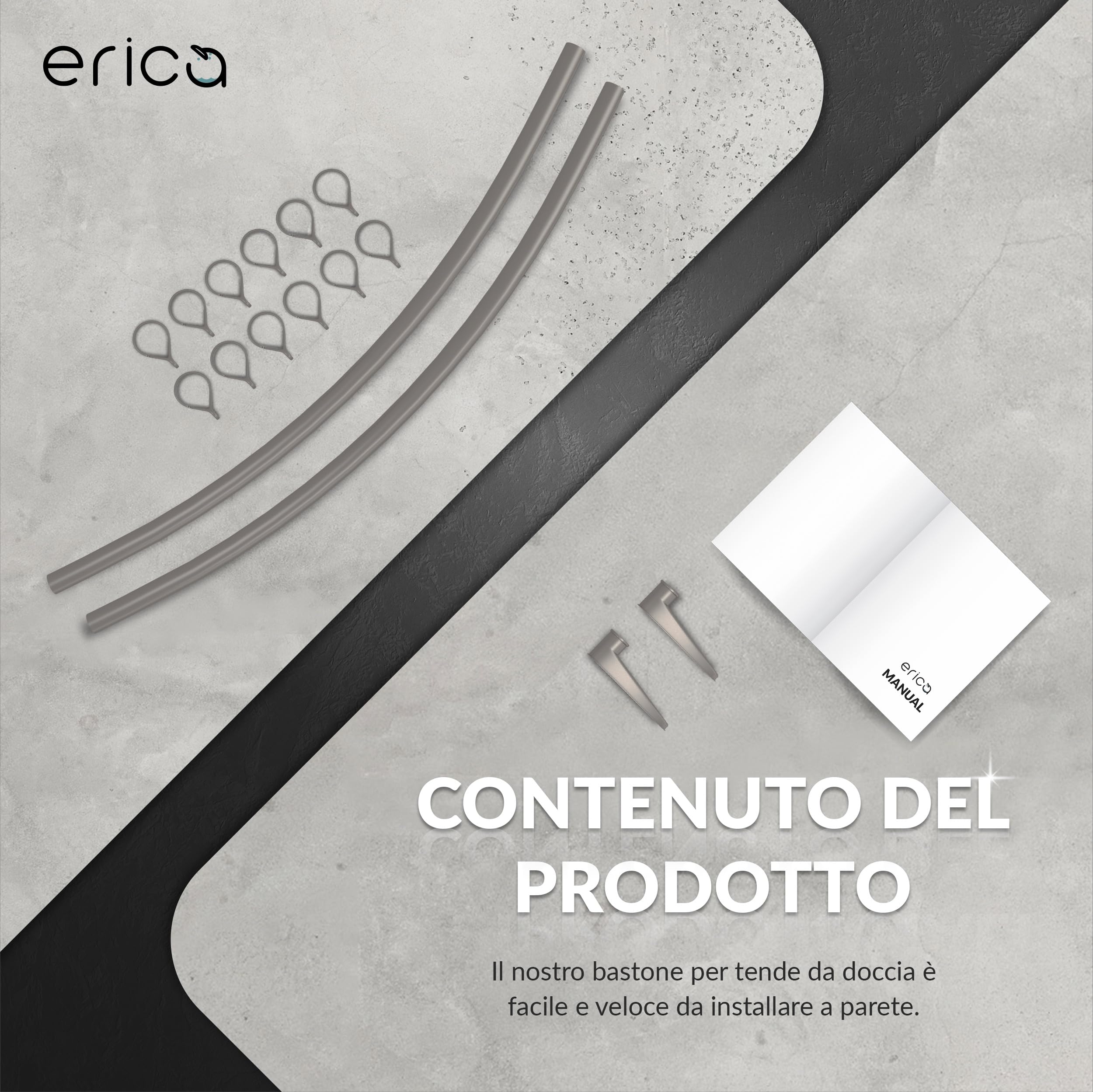 Erica Asta Angolare per Tenda Doccia 140x140 cm - 100% Antiruggine - Nero | 140x140cm, Montaggio a Parete, Senza Fissaggio al Soffitto, Asta Doccia Curva, Acciaio Verniciato a Polvere, 100% Antiruggine