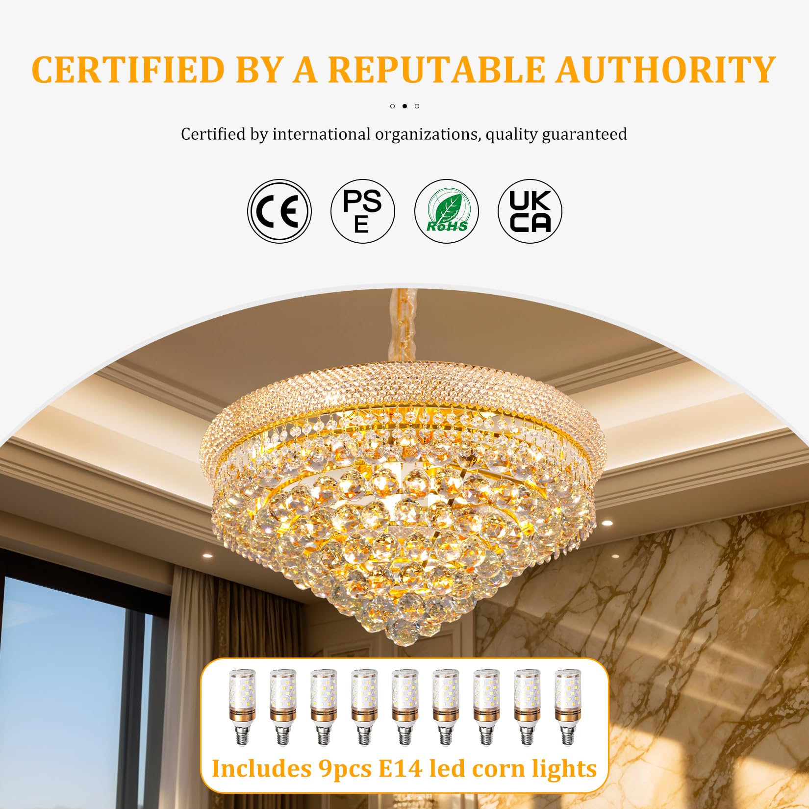 Lámpara de Araña de Cristal Moderna Dorada: Lámpara de Techo Redonda para Salón, Dormitorio, Comedor y Restaurante, Iluminación Interior de Cristal, Incluir E14 x 9, Ø 62 cm