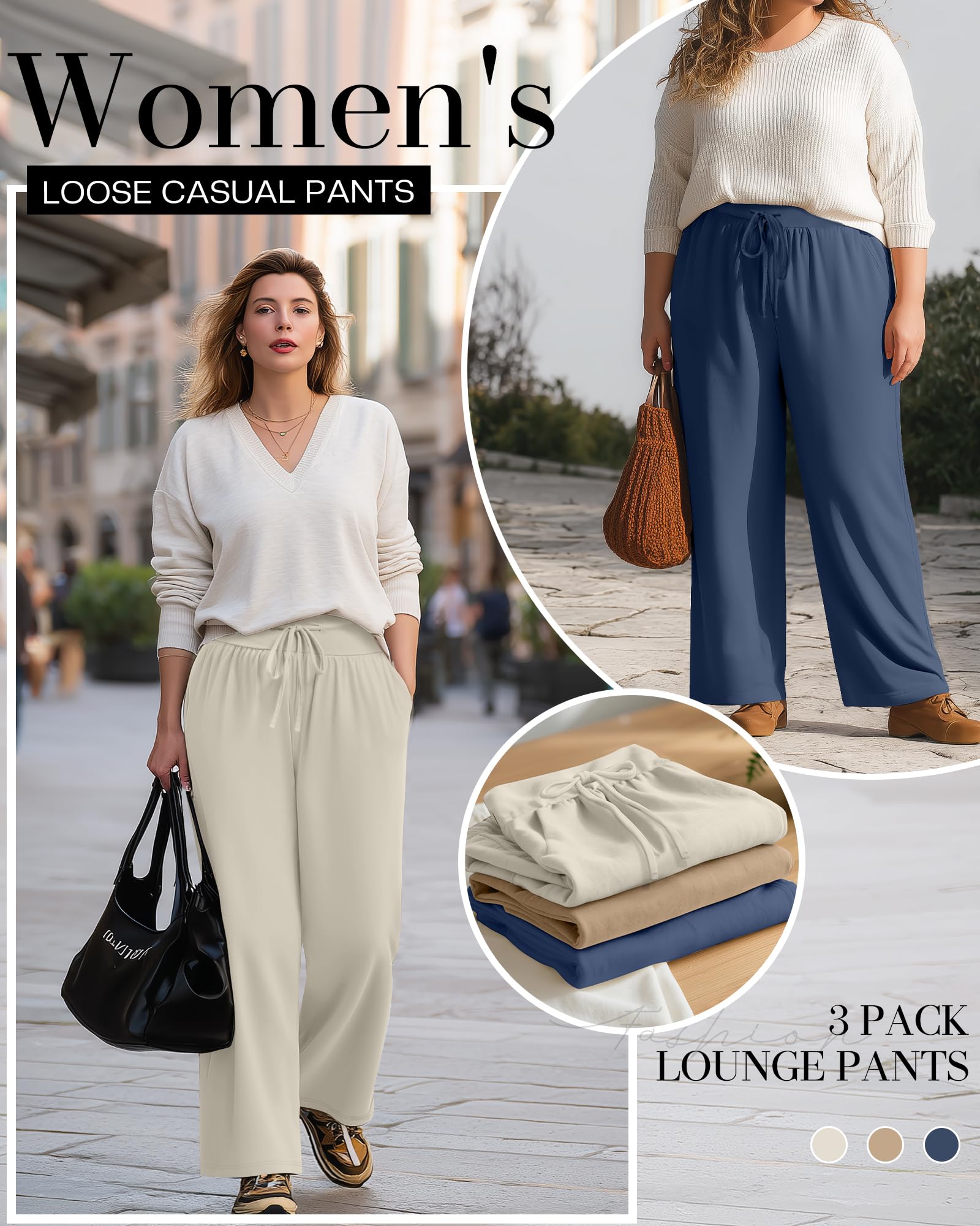 Neer Pack de 3 Pantalones de Loungewear para Mujer de Talla Grande, Pantalones de Yoga de Pierna Ancha con Bolsillos