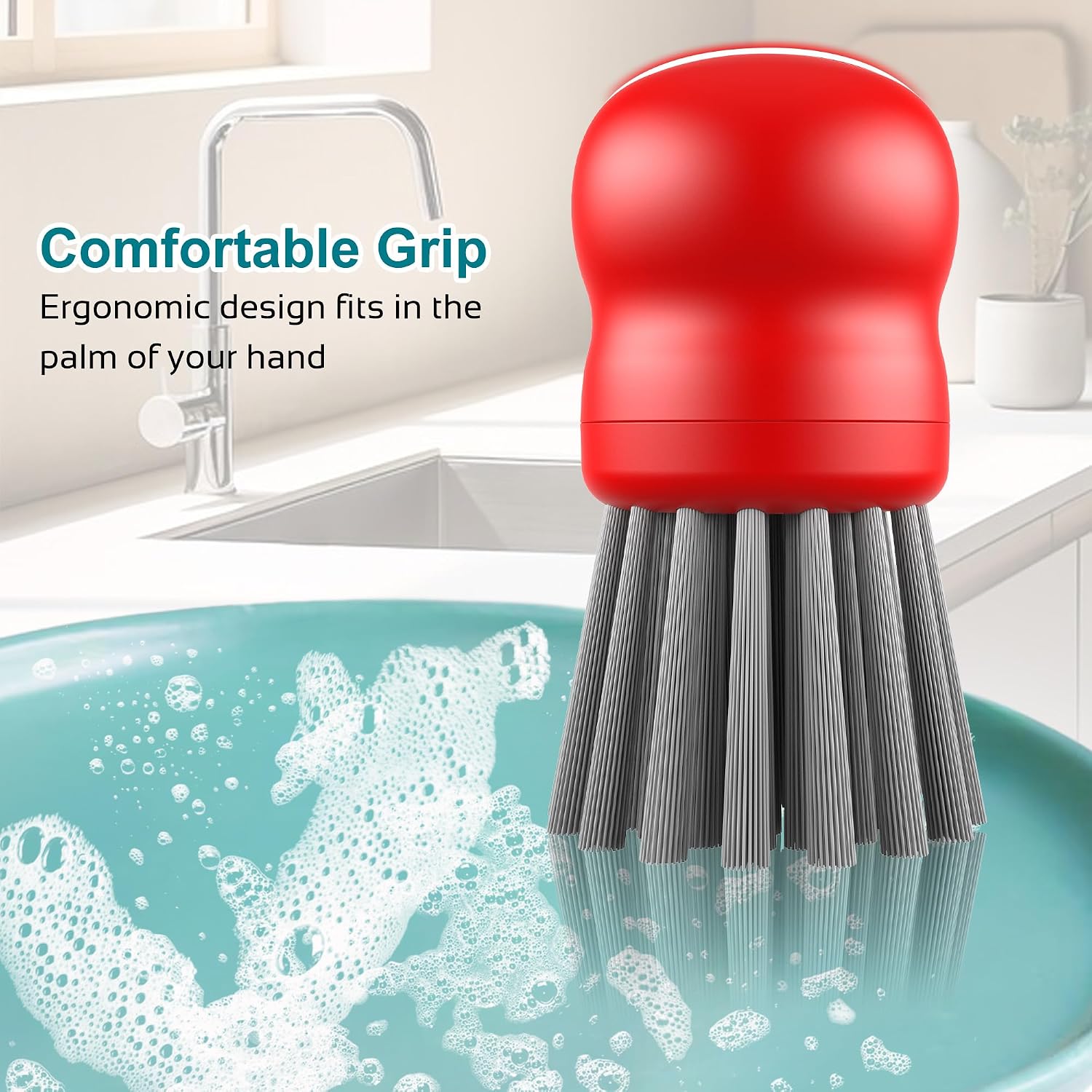 Mini Dish Brush for Cleaning Chicken Shredder, Long Bristles, 1Pack, Red image 4