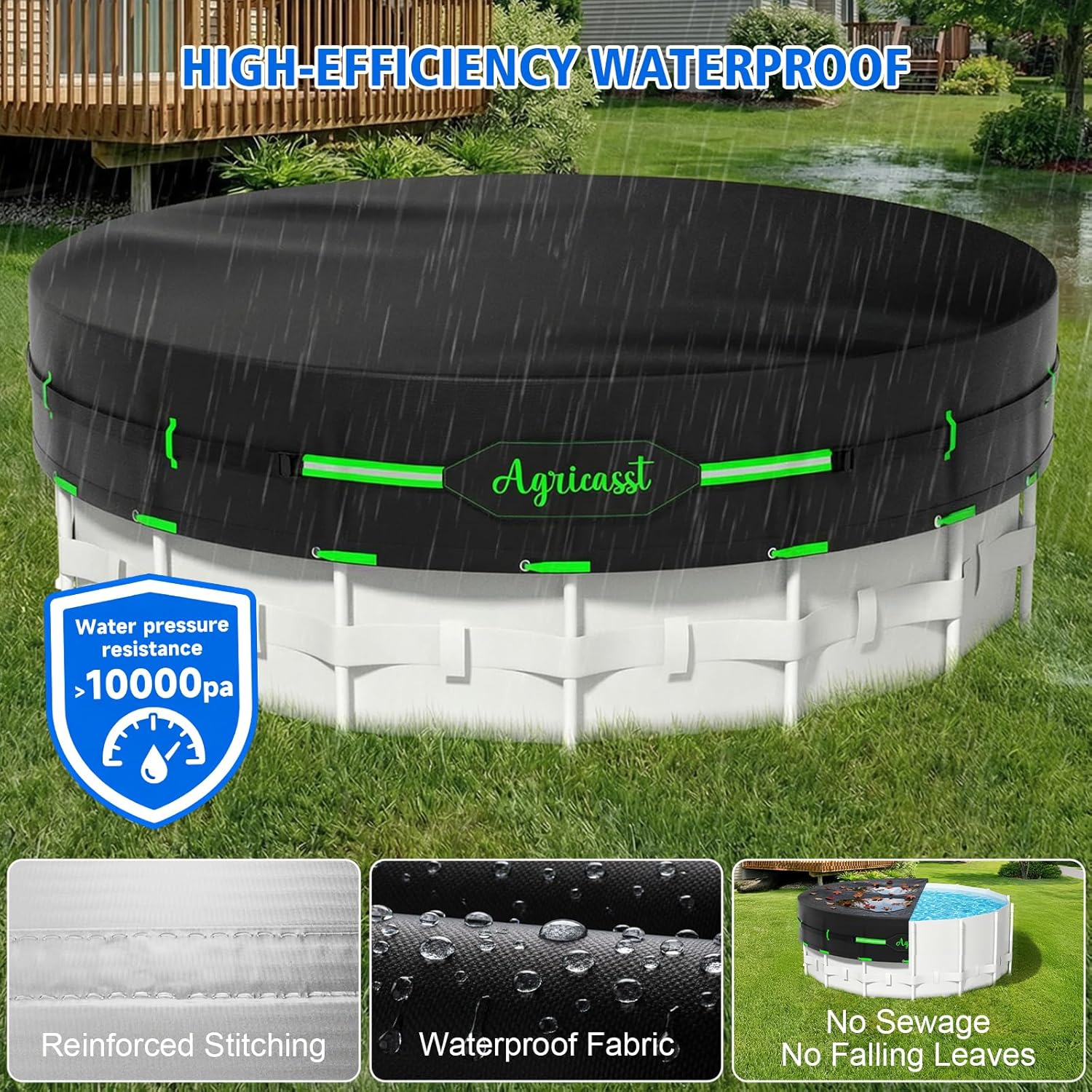 8ft Round Pool Cover for Above Ground Pools, 420D Heavy Duty Solar Pool Cover with Windproof Strap Tensioner & Velcro Stickers, Side Seamless Tear Resistant, Weatherproof & UV Resistant