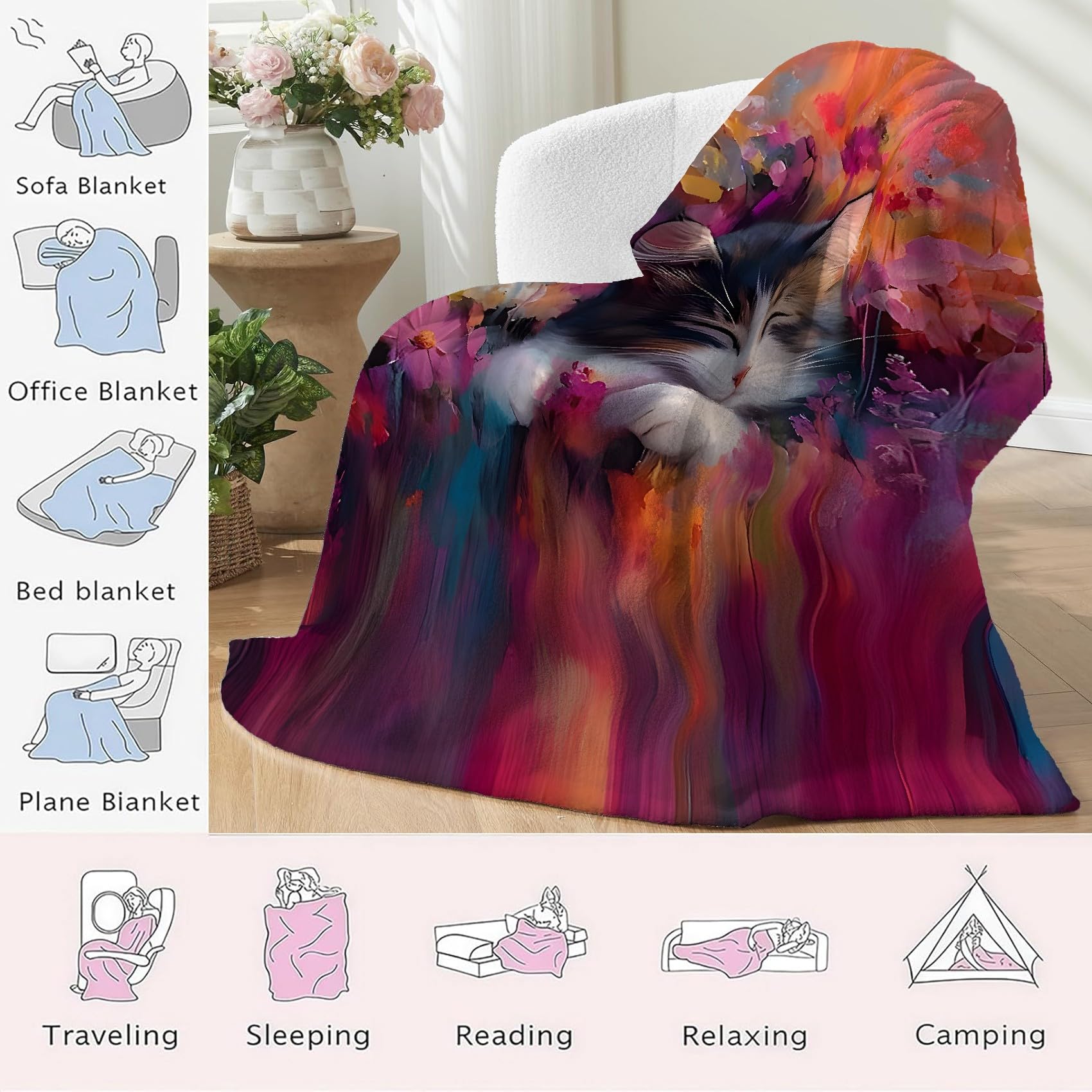 Gato Manta Personalizada 150x200 cm Estilo De Pintura Al óLeo Mantas Personalizadas con Fotos para Parejas, Amantes, Adultos, Niños, Regalos para Mamá, Papá, Novio, Novia