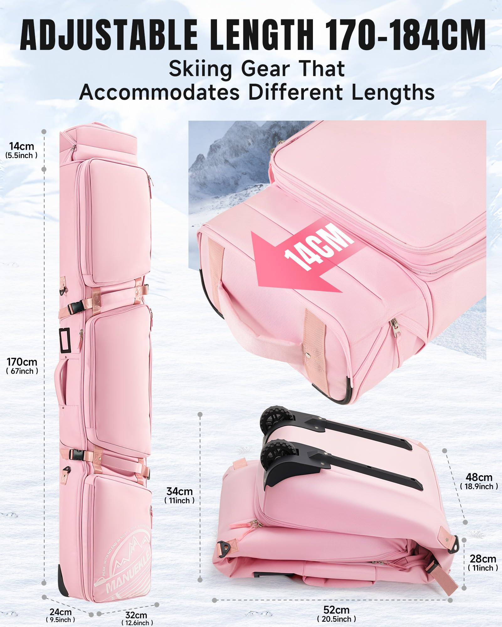 MANUEKLEAR Rollende Ski-Reisetasche für Ski von 170-190 cm, langlebige & wasserdichte Snowboardtasche mit Rollen, Faltbare Doppel-Skitasche mit weich gepolsterten und abnehmbaren Schultergurten