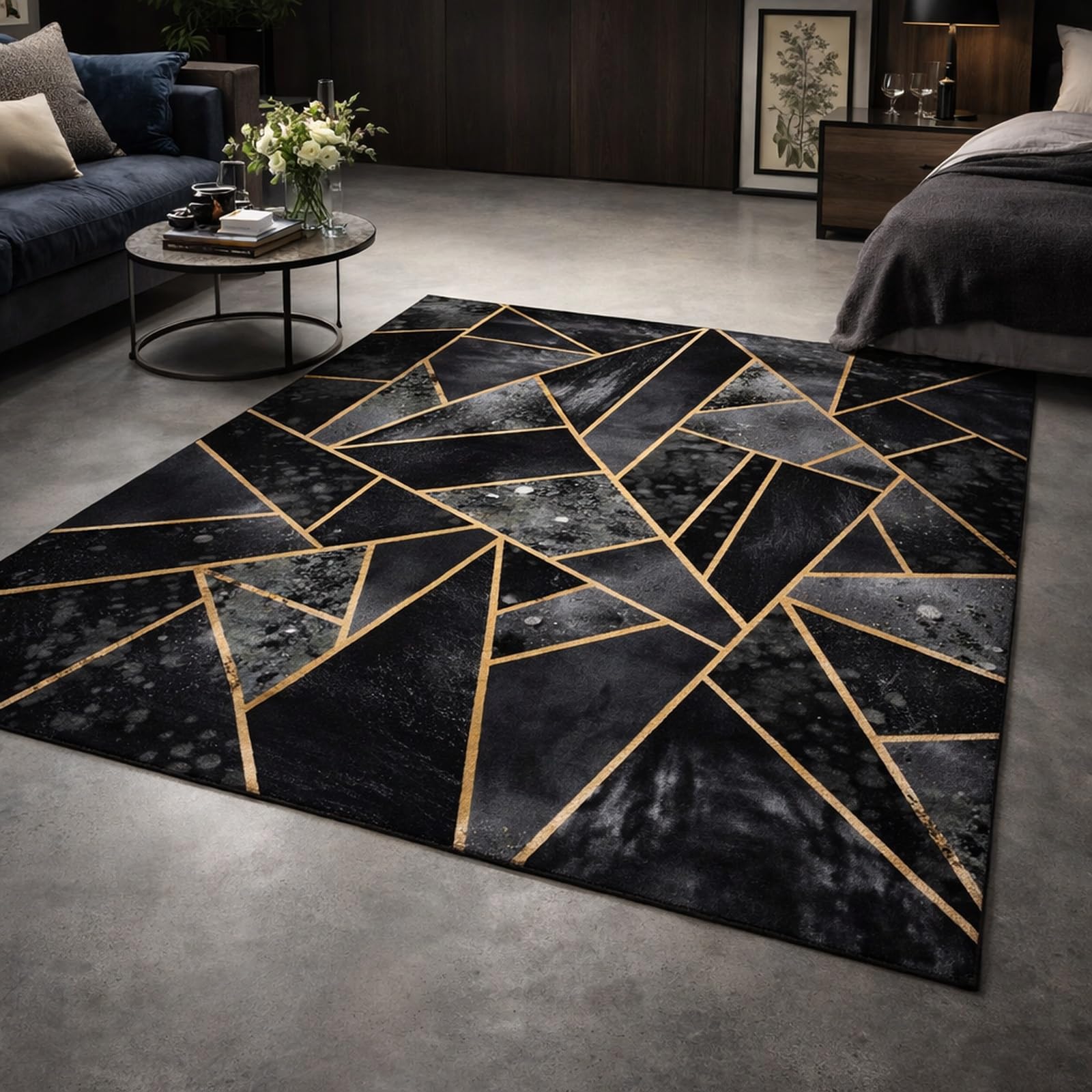 Alfombras lavables para sala de estar y dormitorio geométrico negro