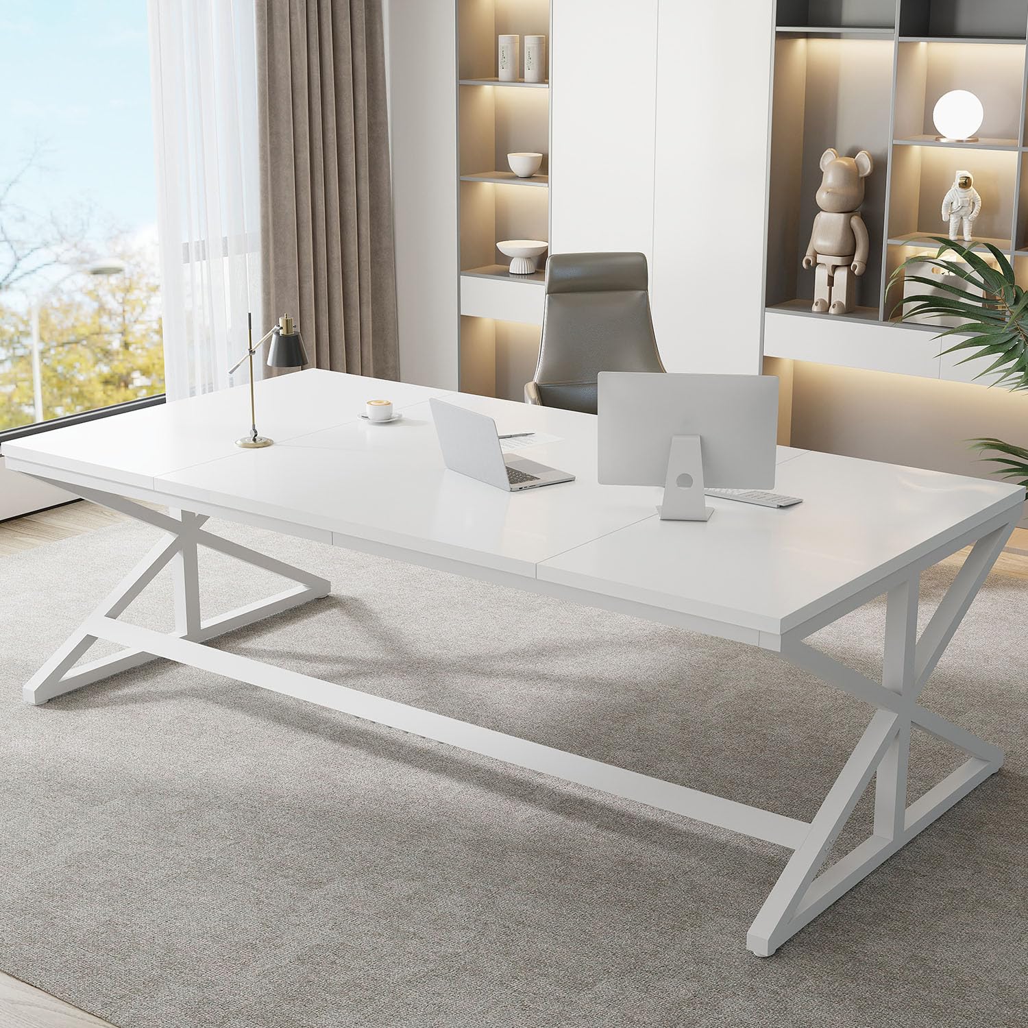 IBF - Escritorio largo de oficina para computadora, escritorio grande moderno de madera para el hogar, mesa de estudio, trabajo y juegos industrial para PC para 2 personas, escritorio ejecutivo de