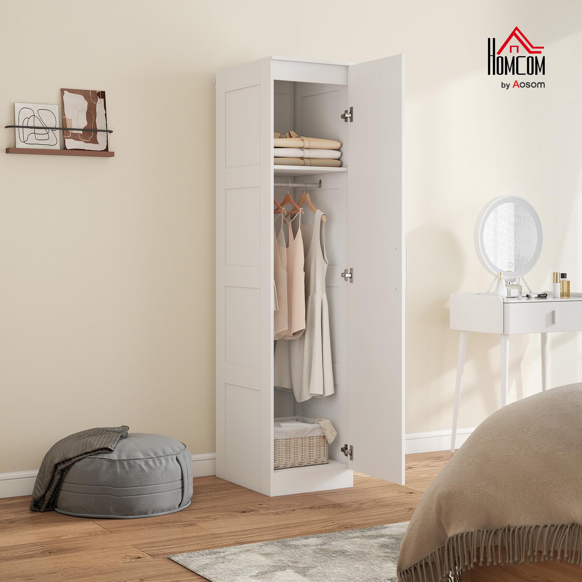 HOMCOM Kleiderschrank Mehrzweckschrank mit Kleiderstange, Regal, Soft-Close-Tür Garderobenschrank Schrank Drehtürenschrank für Schlafzimmer 40 x 52 x 180 cm Weiß