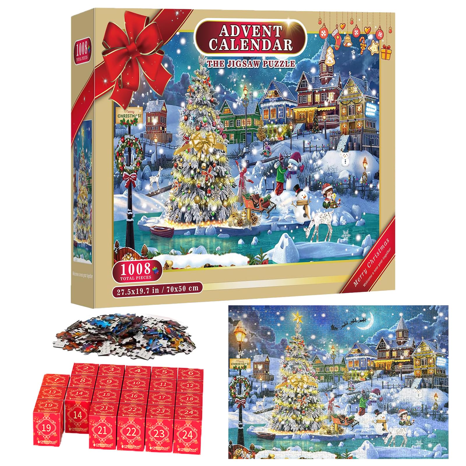 Weihnachts-Adventskalender Puzzle 2024 – 1008 Teile, 24 Boxen, Fertig 50x70cm, Ideal Für Familienzeit & Deko