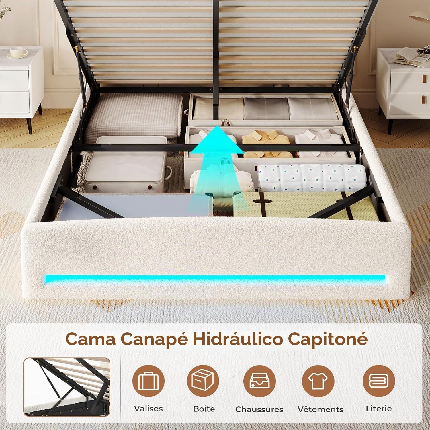 AGOLLATI Camas Matrimoniales 140x200 cm con Luz LED y Estación de Recarga, Cama Canape Hidráulica con Almacenamiento, Estructura Cama Tapizada con Cabecero Almacenador, Beige (Peluche Teddy)