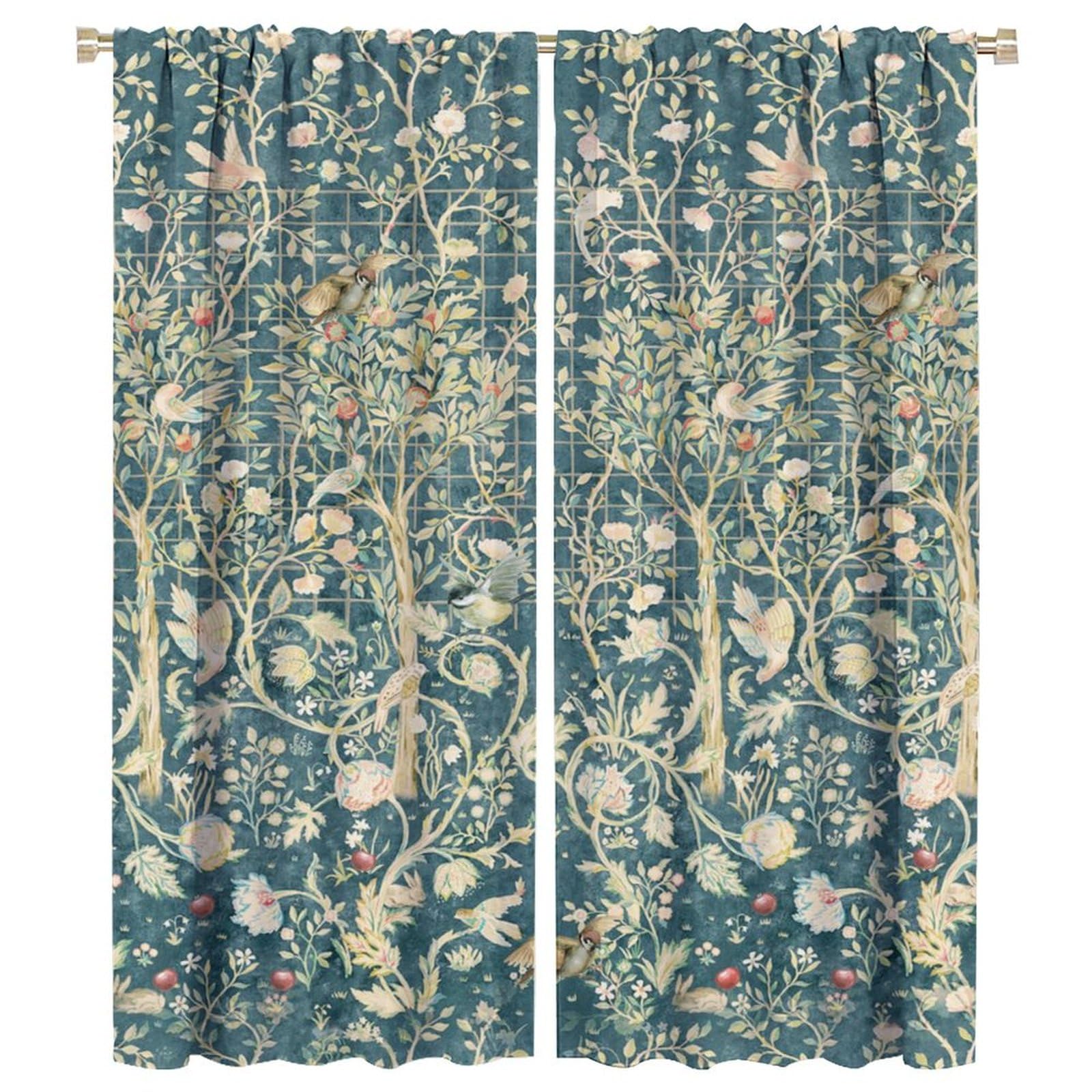 COALHO Abstract Boho William Morris Art Curtain Retro Mid Century Garden Floral Bird Window Drapes Thermal Insulated Rod Pocket Blackout Curtains for Bedroom-2 Panels 54" L x 21" W