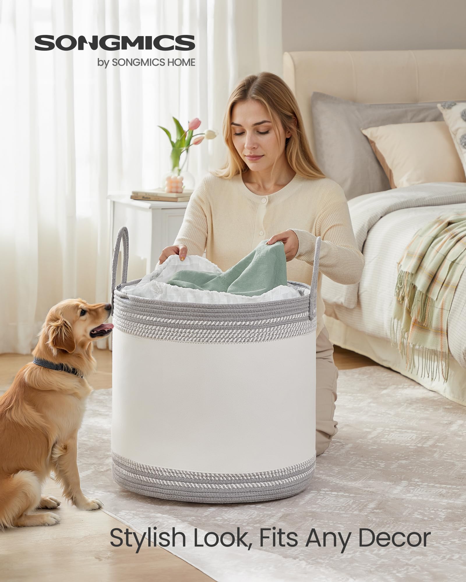 SONGMICS Laundry Basket, Laundry Hamper, Cotton Rope Storage Basket with Handles, for Blankets Living Room, Bedroom, 90 L - Image 2