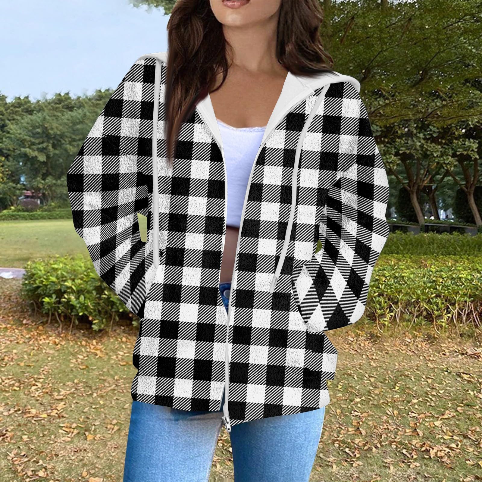 Generisch Sweatjacke Damen Mit Kapuze Winterjacke Elegant Kapuzenjacke Kariert Aufdruck Damen-Jacken Mit Taschen Sportjacke Langarm Mantel Winter Warm Jacke Mit Reissverschluss Wintermantel Outdoor
