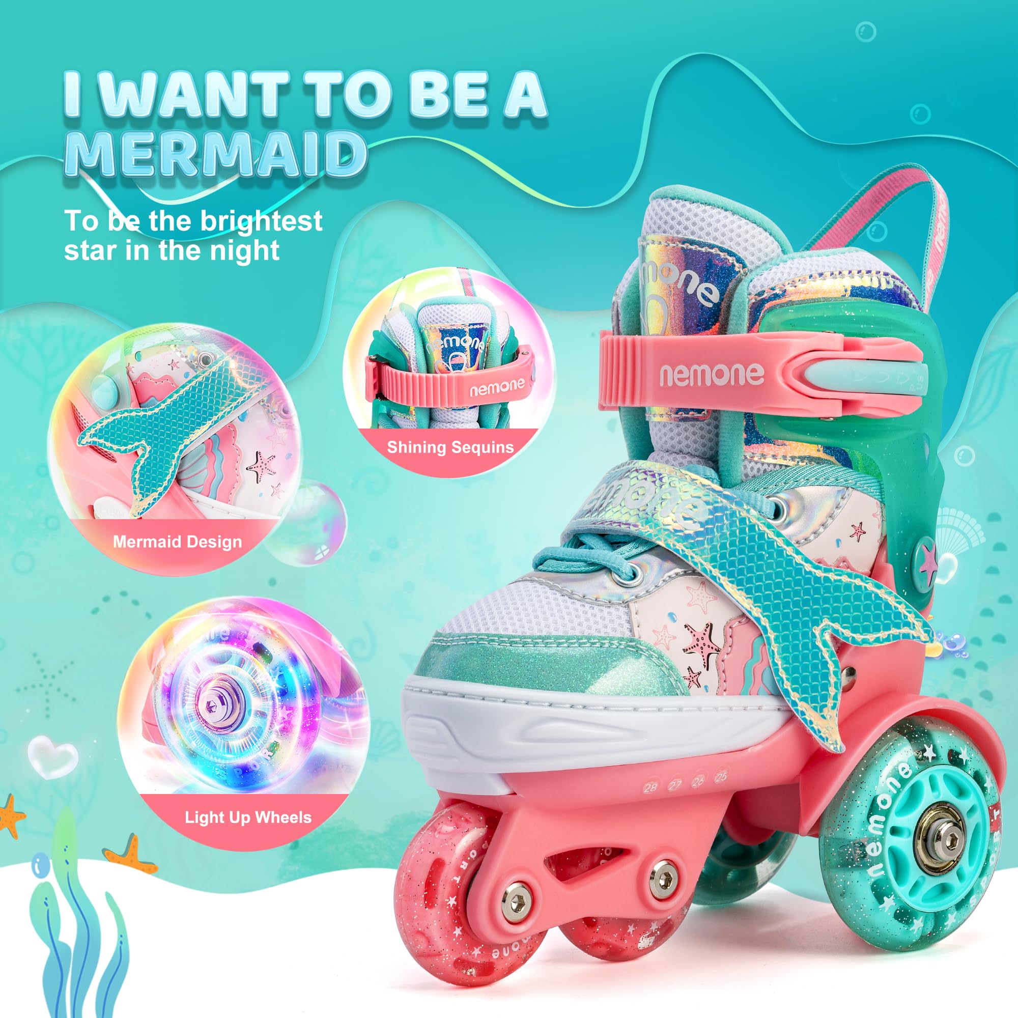 Pattini A Rotelle Regolabili Sirenetta Con Luci LED - Per Bambine 3-12 Anni | 8 Ruote Luminose - Foto 3
