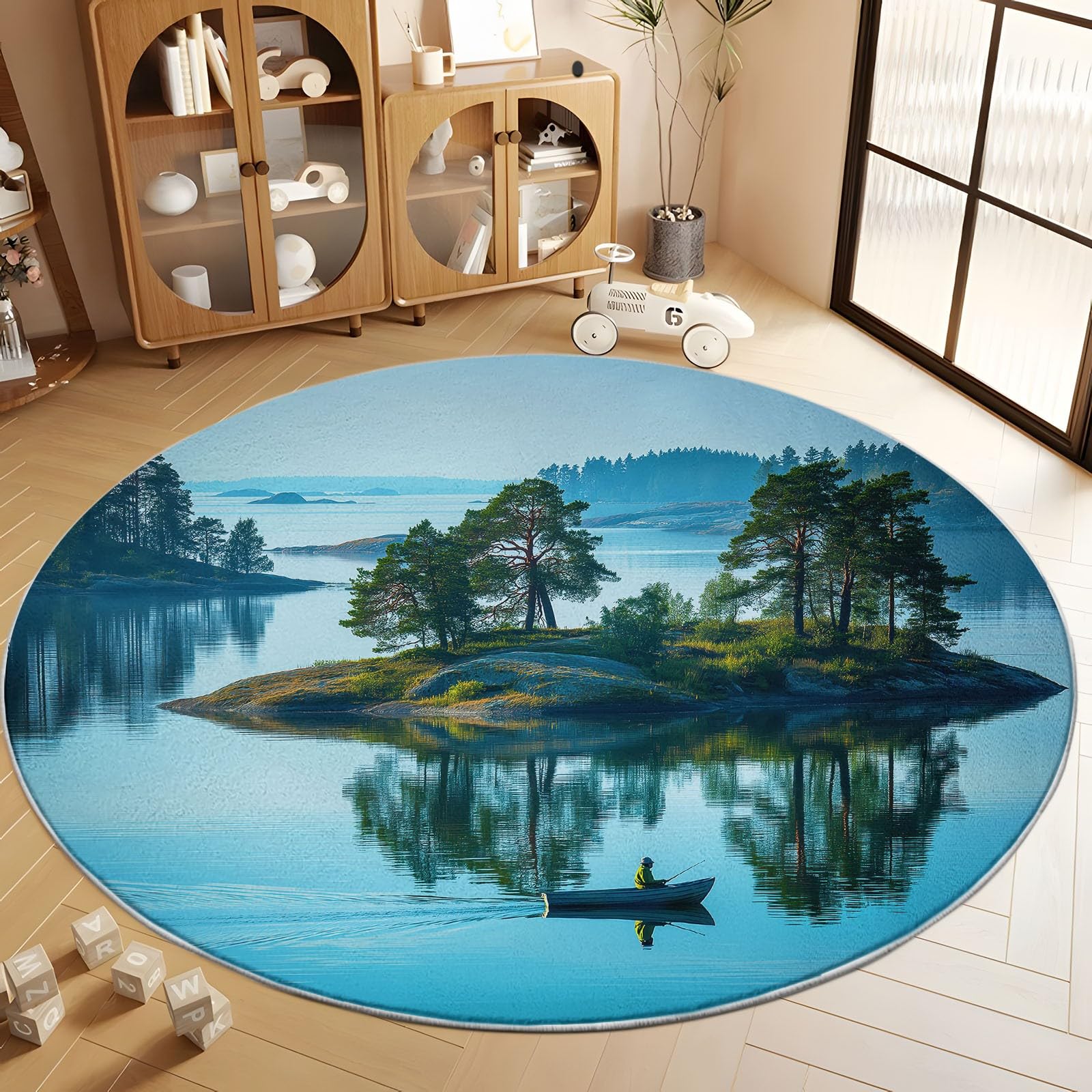 Tapis rond lavable salon et salle de jeux motif pastoral vert lagon 120 cm