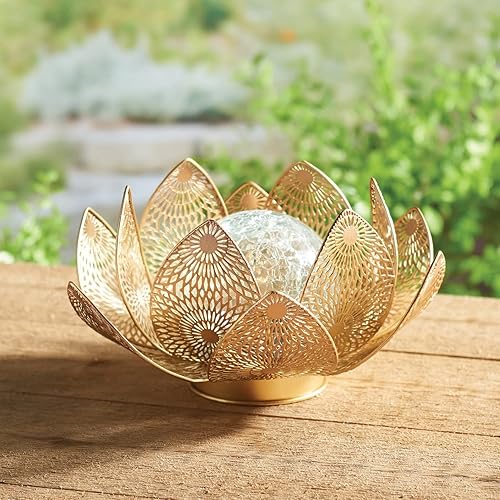Miniatura 4 de ART & ARTIFACT Lotus Luz solar de cristal agrietado con base de metal perforada, linterna de luz nocturna para interiores y exteriores, 5 x 10