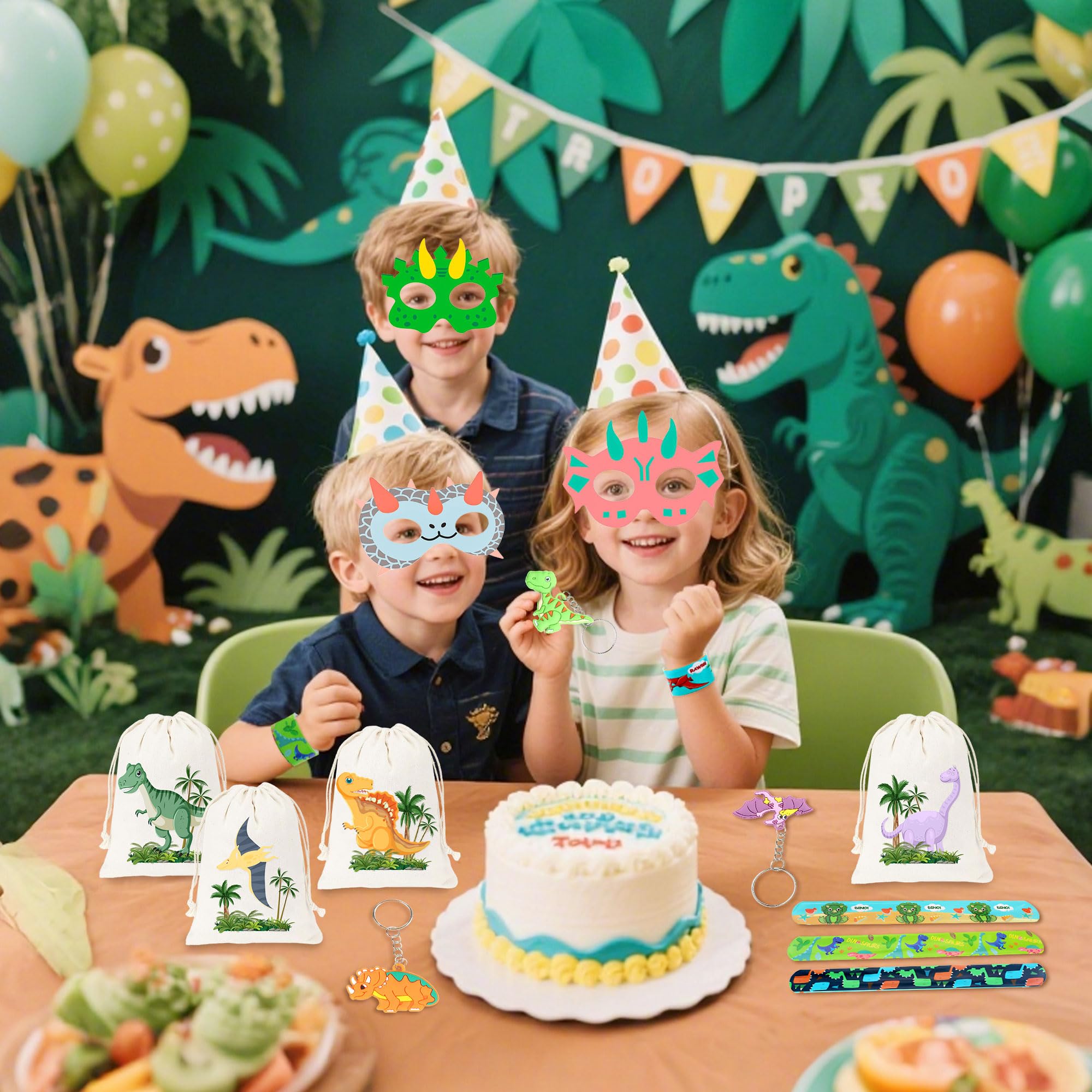 Dino Party Mitgebsel Set - 33 Teile Mit Masken, Taschen & Schlüsselanhänger Für Kindergeburtstag