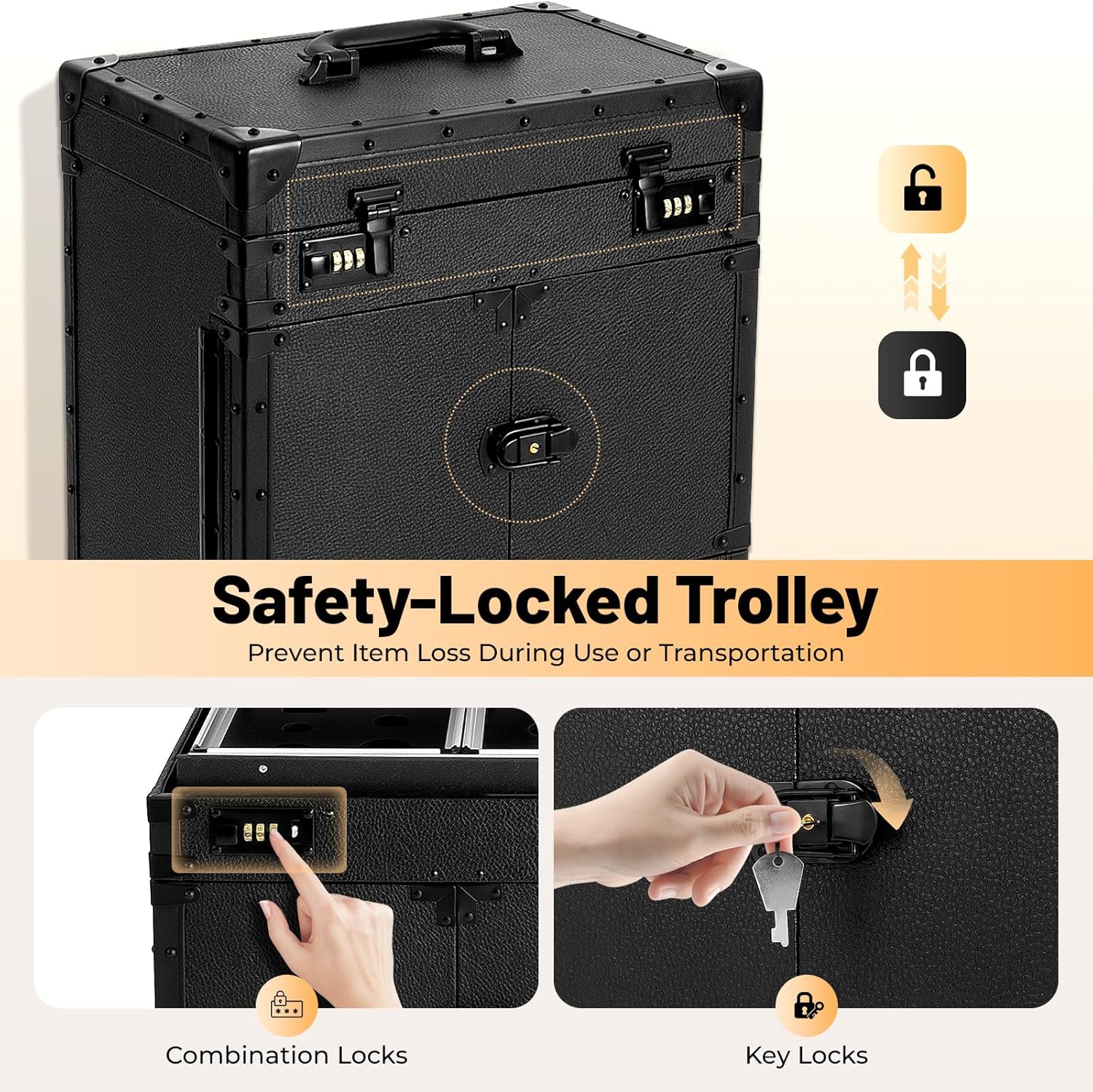 Rolling Makeup Train Case, Professional Makeup Train Case Aluminum Cosmetic Trolley Travelling Cart Trunk with 360° Swivel Wheels&Sliding Drawer for Nail Technician Stylist