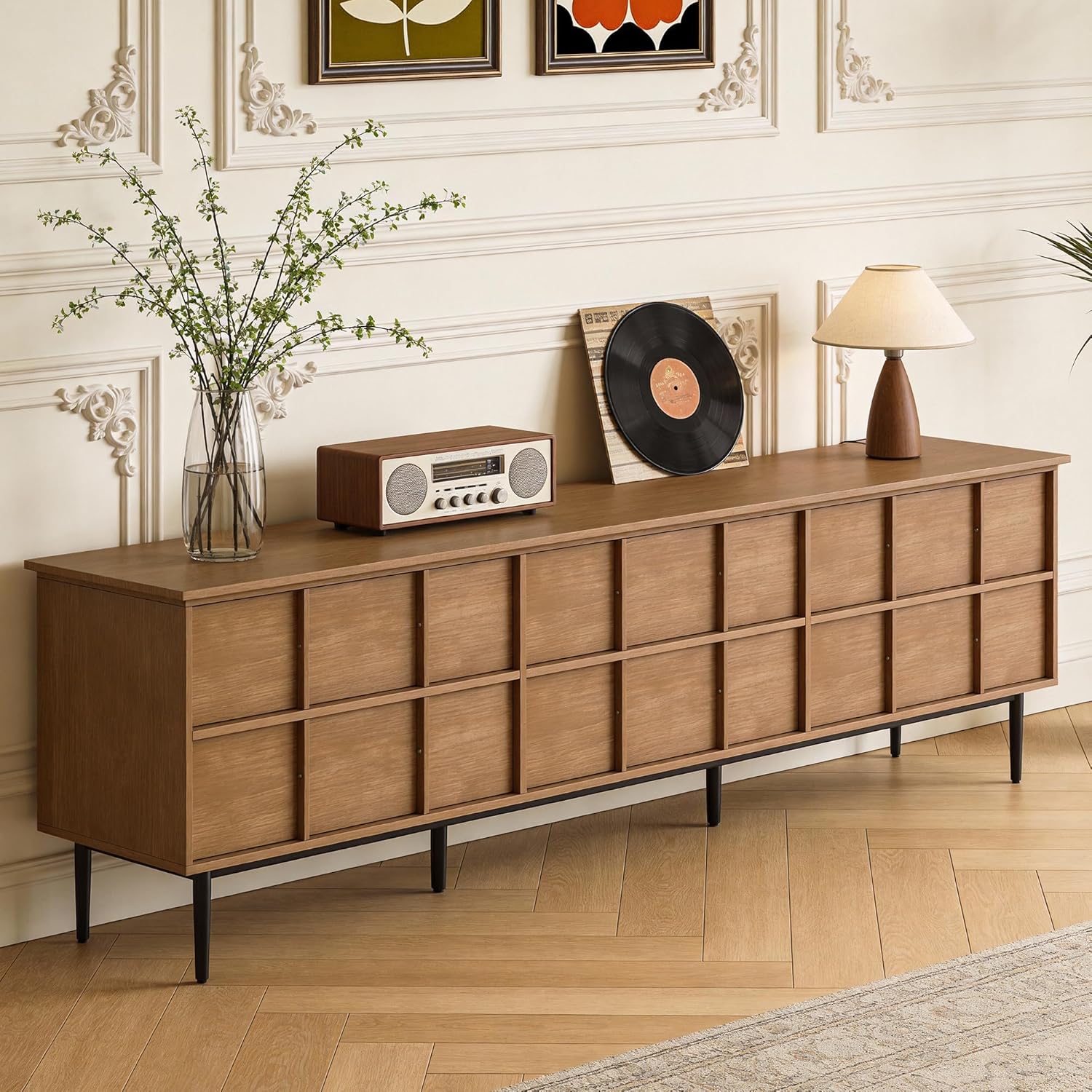 86.61" Mid-Century Modern 6-Drawer TV Stand & Media Console, Multi-Layer Solid Wood Construction, High Weight Capacity, Living Room Storage Cabinet (Walnut)