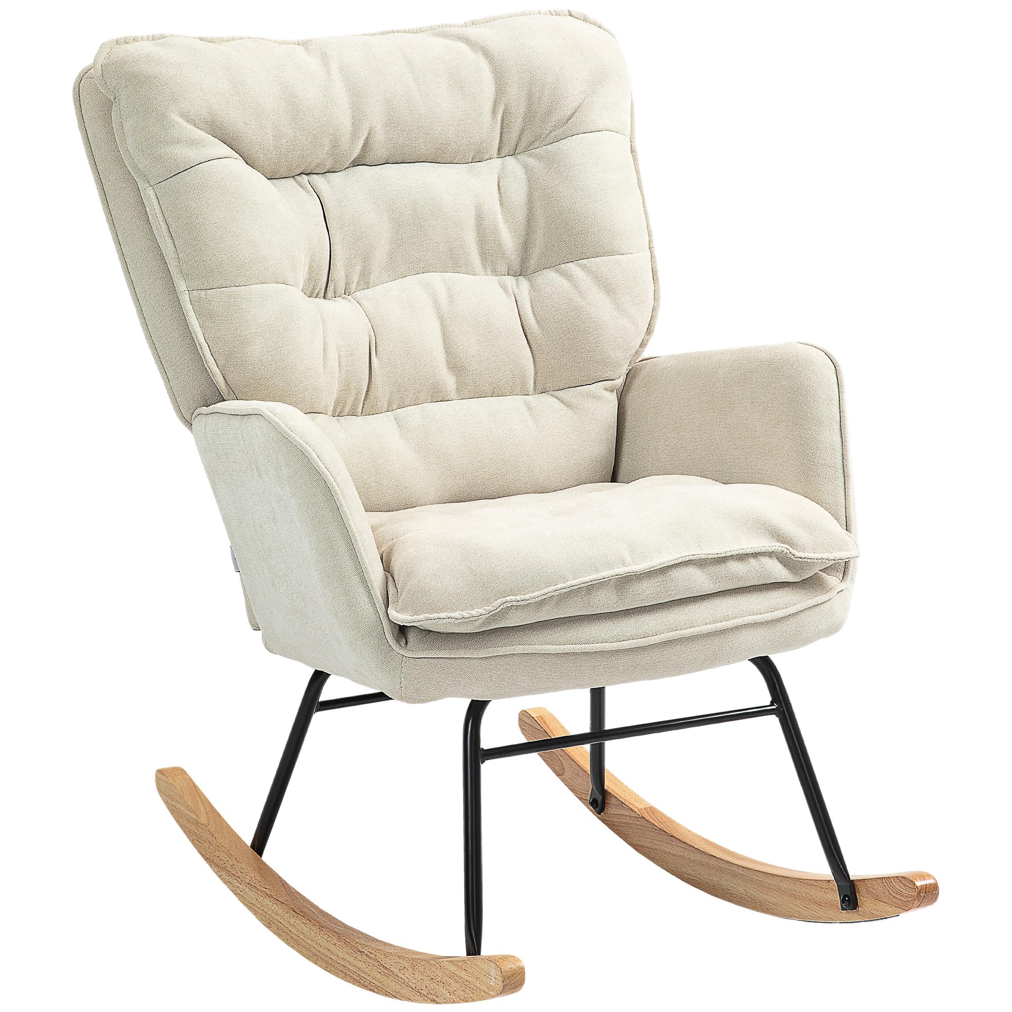HOMCOM Fauteuil à Bascule, Rocking Chair en Chenille, Chaise à Bascule avec Dossier et Assise Larges rembourrés, accoudoirs, Base en Bois de hêtre, pour Salon, Chambre, Beige