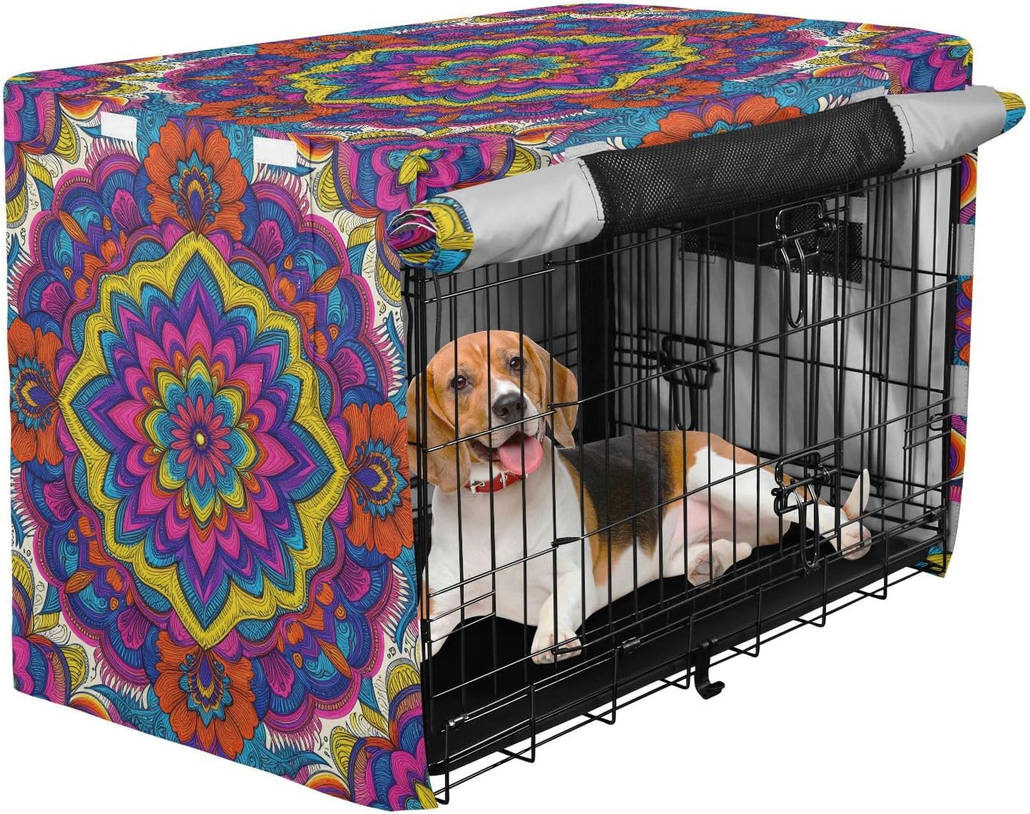 Floral Mandala Boho Pattern Dog Crate Cover 600D Oxford Pet Kennel Cover with Mesh Window for Dog Cages, Windproof Waterproof Machine Washable, 48"x30"x33"