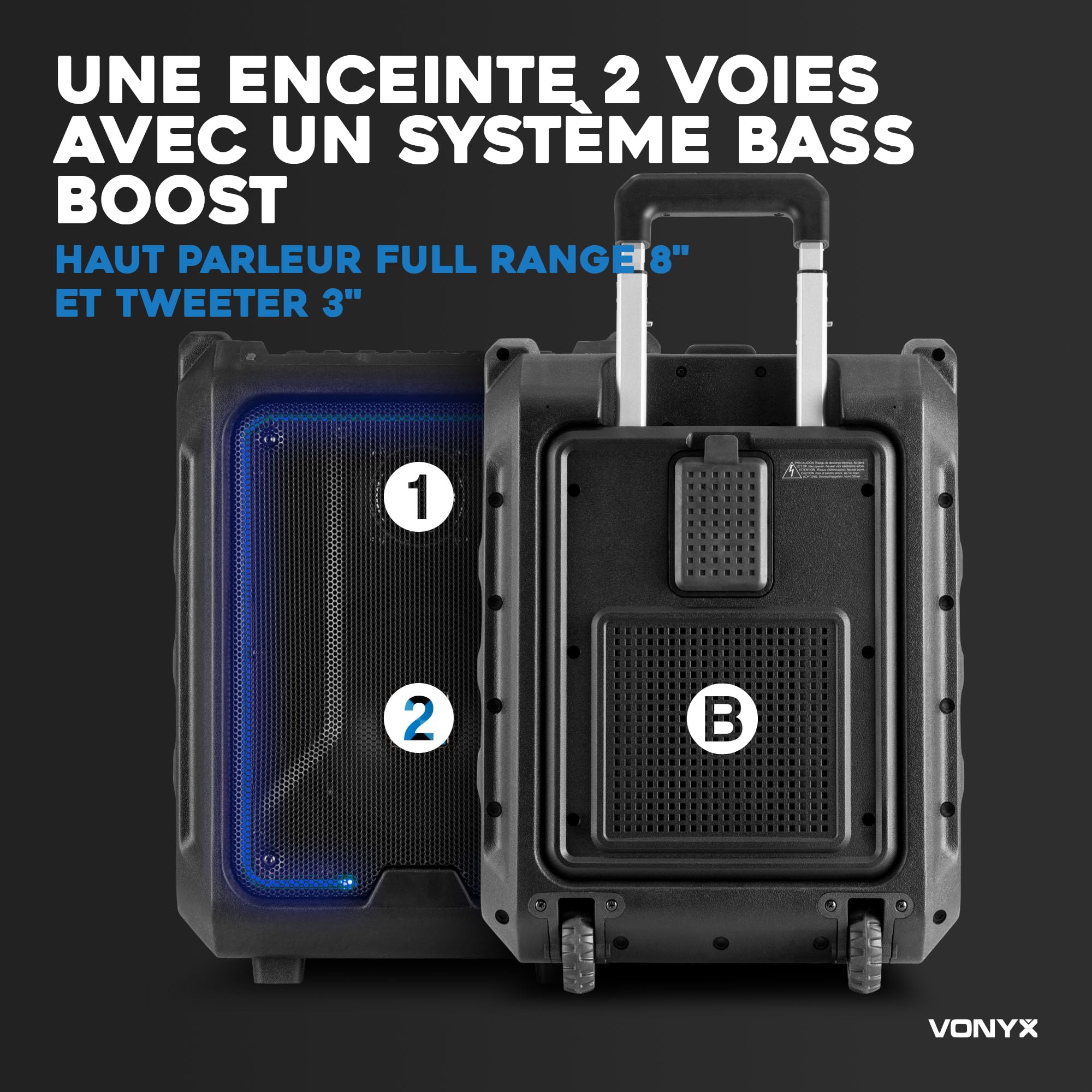 Vonyx SPLASH300 Enceinte Sono Portable Étanche - 200 Watts, Bluetooth 5.0, Batterie Intégrée, Résistante aux Intempéries, Éclairage LED, Poignée, Idéale pour Vos Soirées Plages, Piscines