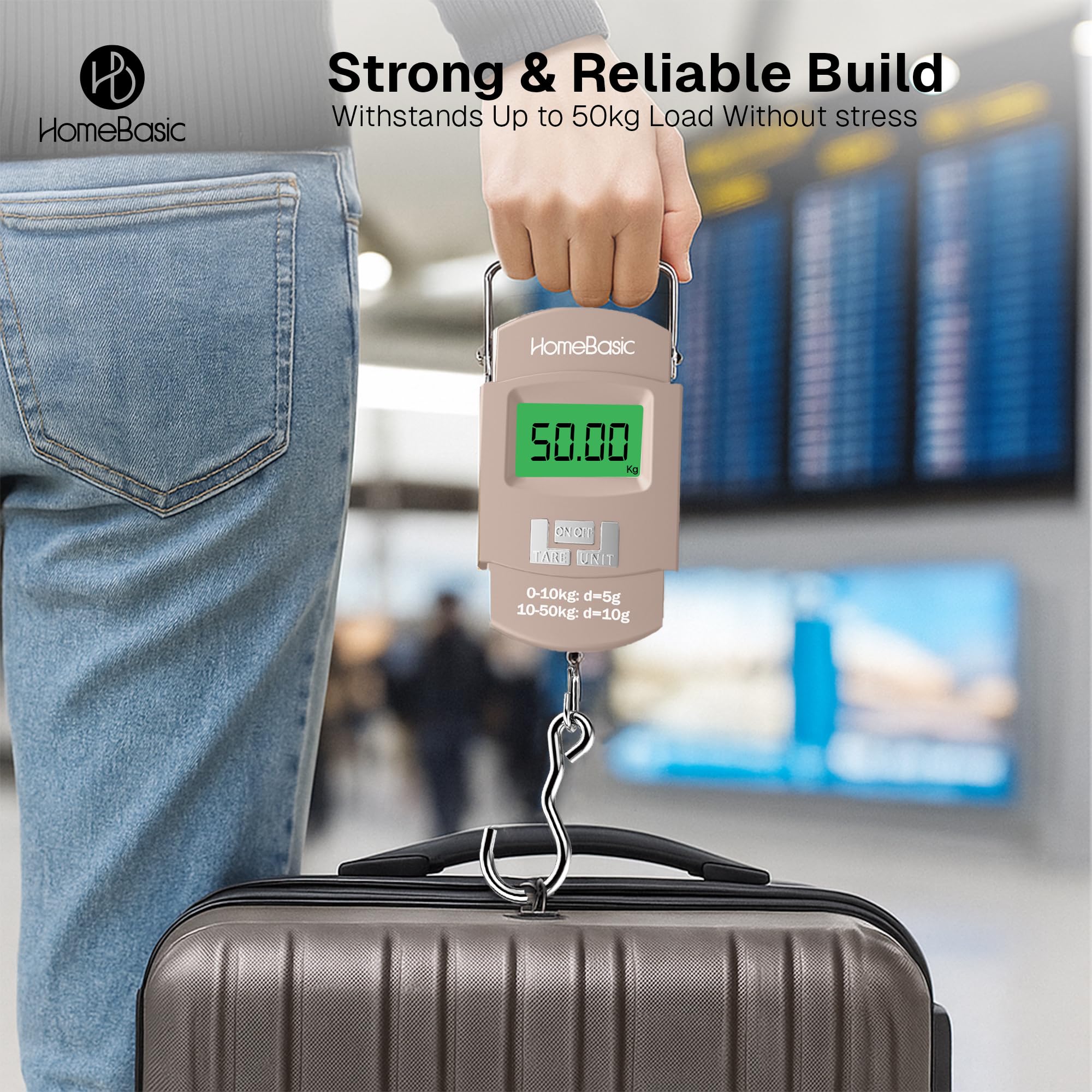HomeBasic Digital Luggage Weight Scale 50kg | Weighing Machine for Luggage Bags, 4 Weighing Modes (kg/lb/oz/jin), LCD Display, Tare Function, Auto-Off, Portable Travel Weighing Scale (BEIGE) 4