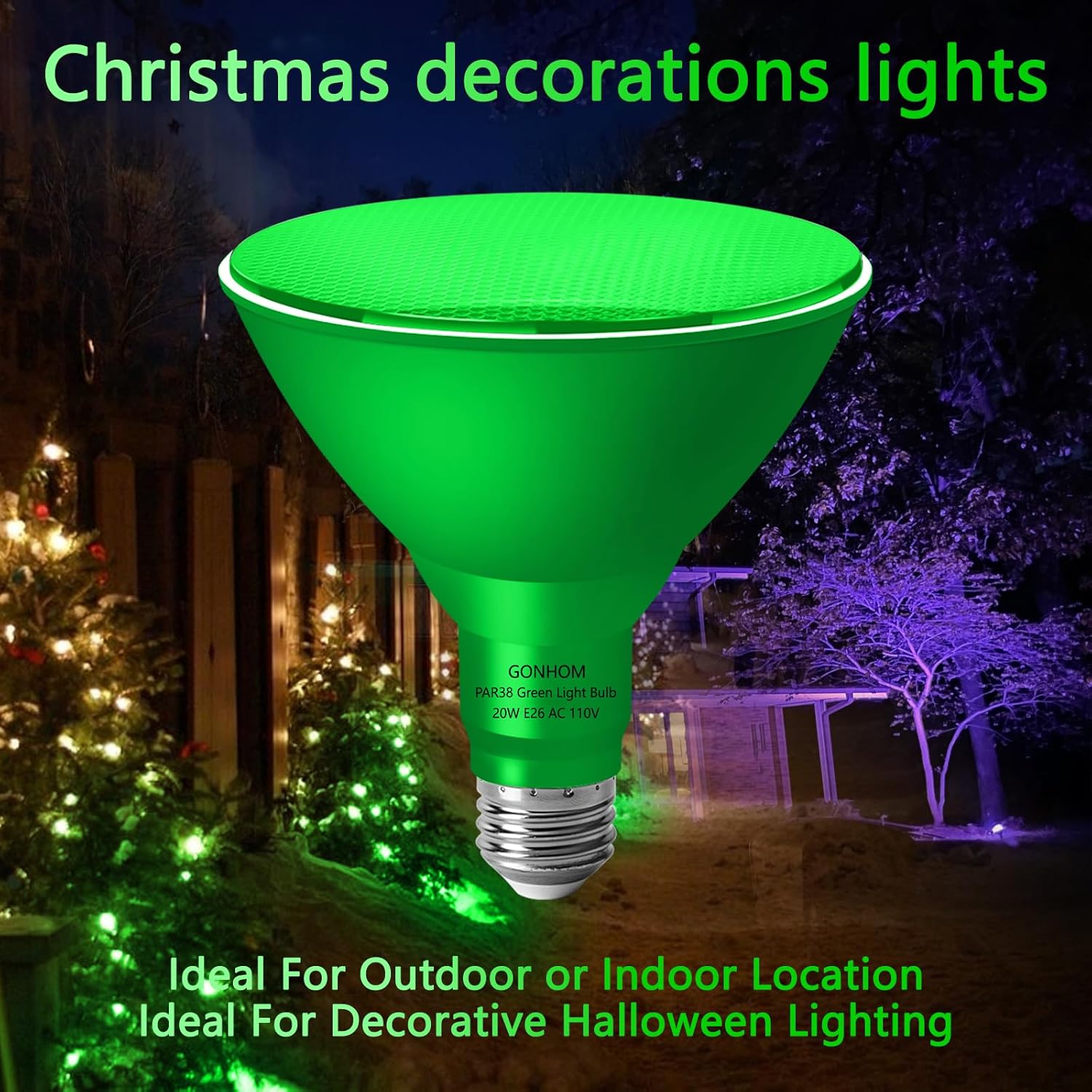 Gonhom PAR38 Flood Lights Outdoor,Dimmable LED Flood Light Bulbs,20W(Equivalent to 200W),E26 Base,Outdoor Porch,Holiday Lighting,LED Flood Light Bulb for Halloween,Christmas,4 Pack Green