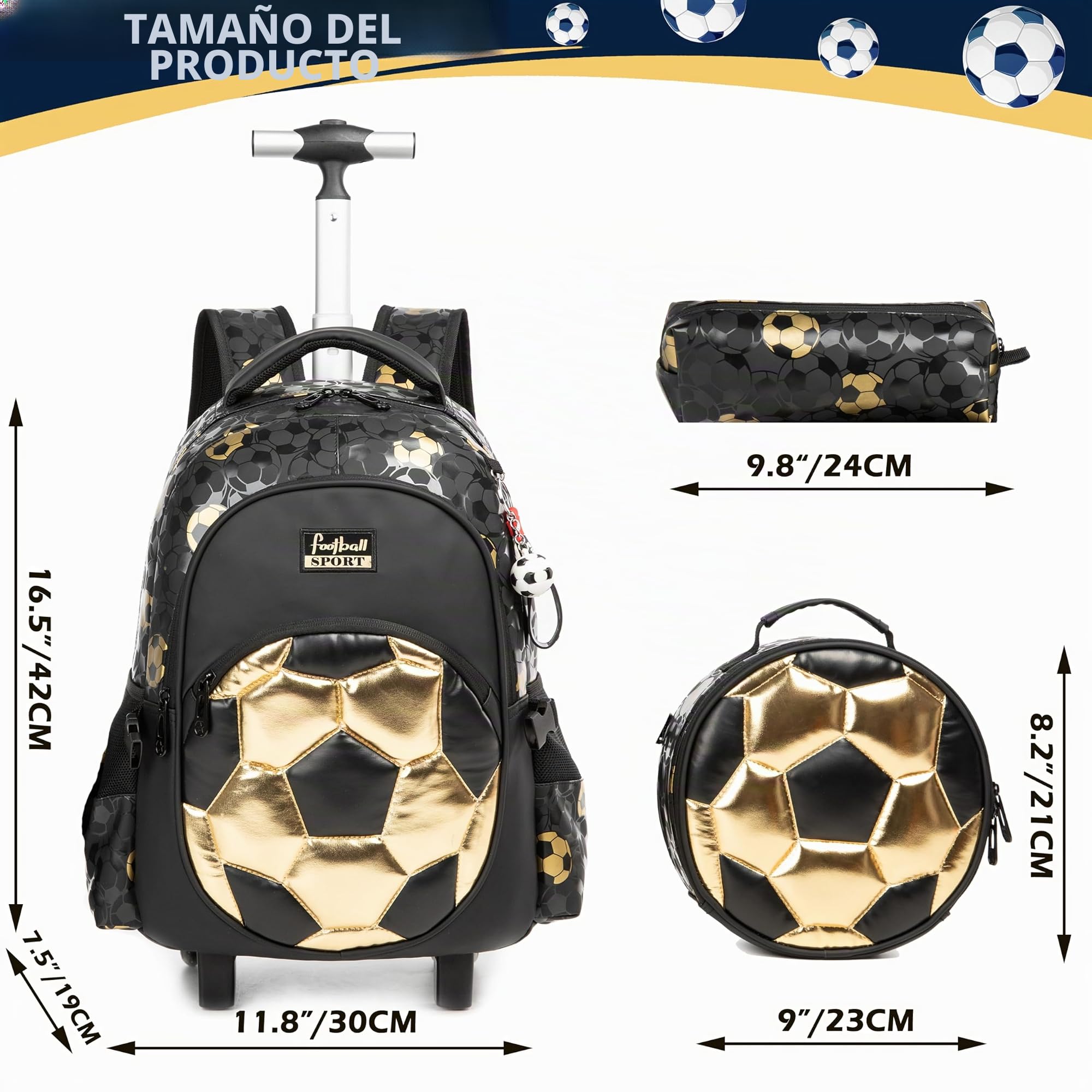 Meetbelify Mochila rodante con ruedas para niños, mochilas con ruedas con lonchera, estuche para lápices para estudiantes de primaria, equipaje de fútbol, maleta de viaje para niños de 6 a 8 años,