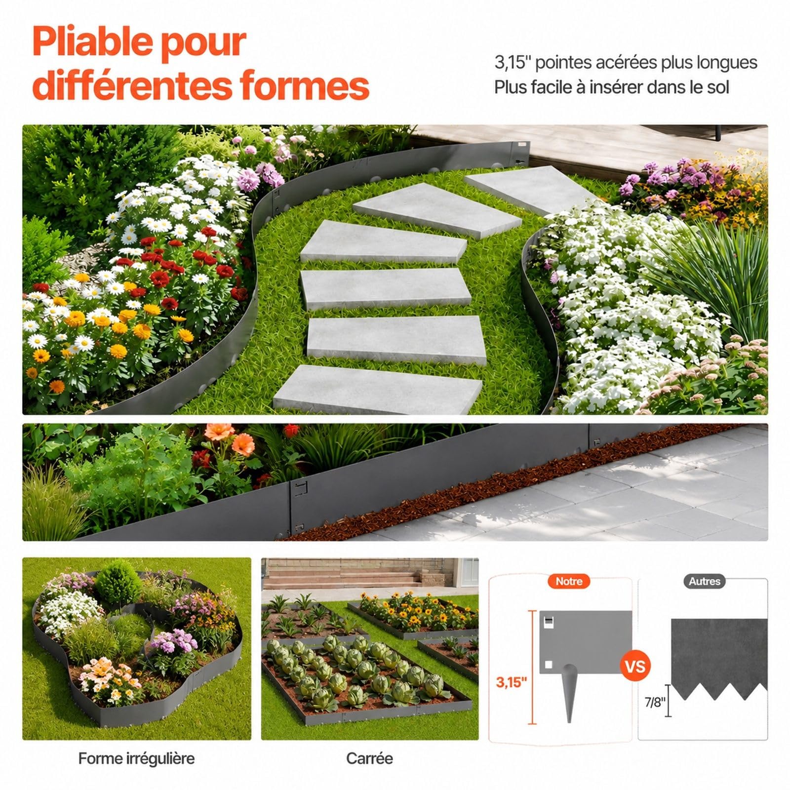 Bordure de Jardin en Acier, Lot de 5 pièces Gris foncé pour pelouse et parterres