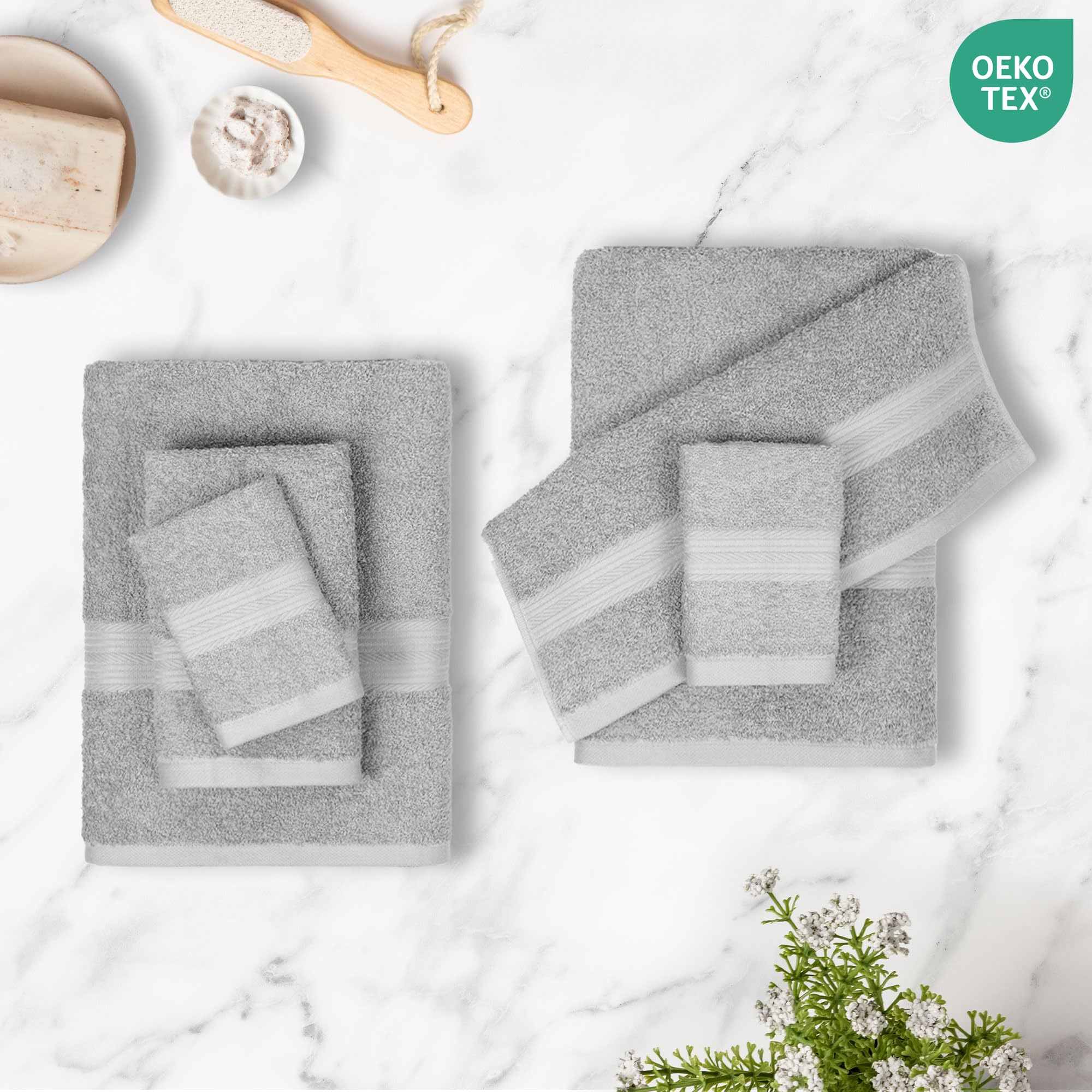 Amazon Basics Set Asciugamani Bagno Spugna 100% Cotone 2 Teli + 2 Viso + 2 Ospite, Grigio, Confezione 6 Pezzi