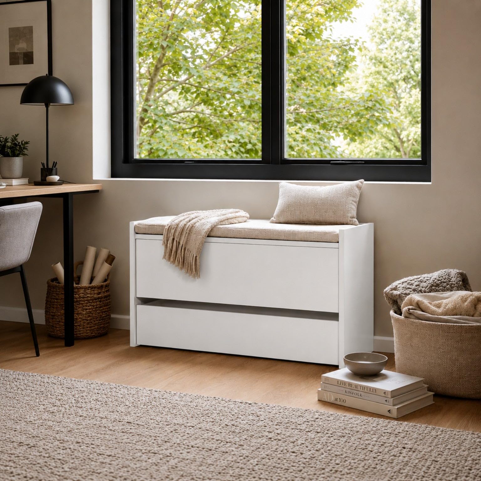 The White Stone Cassapanca Contenitore Bianca con Cassetto Inferiore e Vano Interno | Panca Ingresso Salvaspazio con Chiusura Soft Close | Baule Multiuso 90x40x46 cm