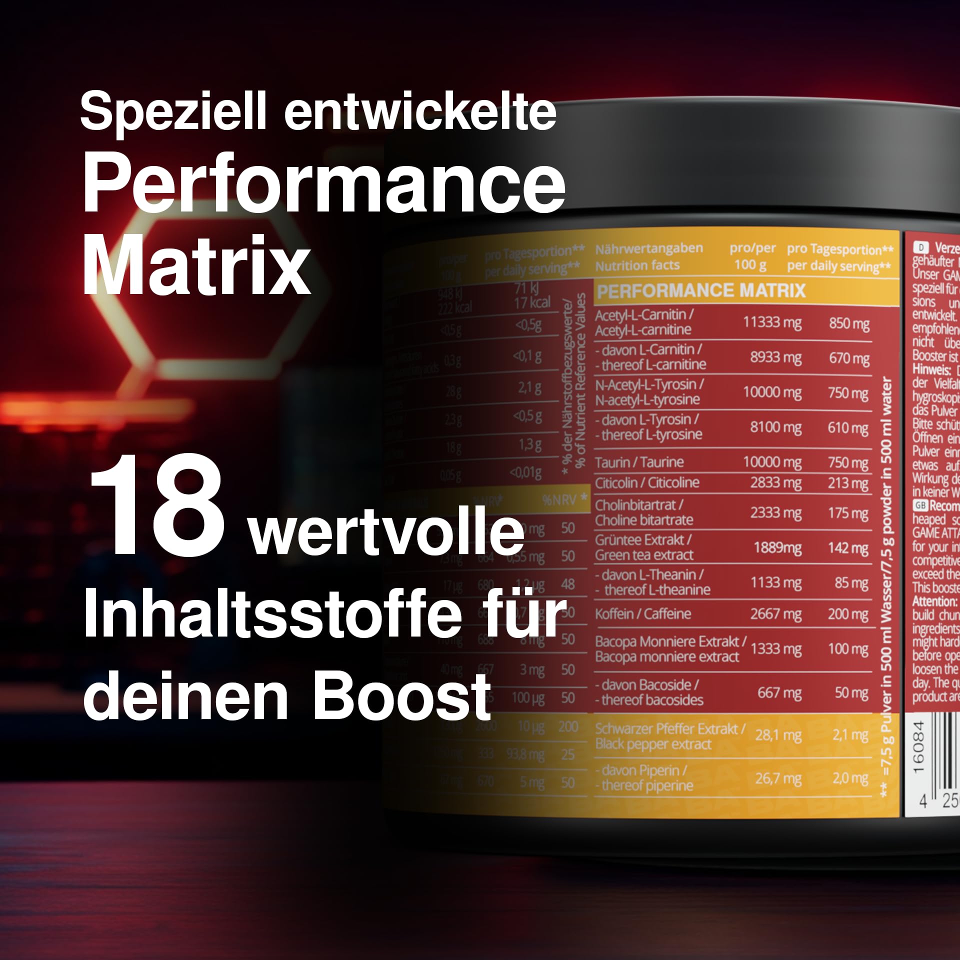 GAME ATTACK Gaming Booster - Ice Tea Peach - 300 g (40 Portionen) - Energy Drink Pulver für Fokus & Energie - 17 kcal/Portion - 18 Zutaten - geprüfte Qualität - Made in Germany