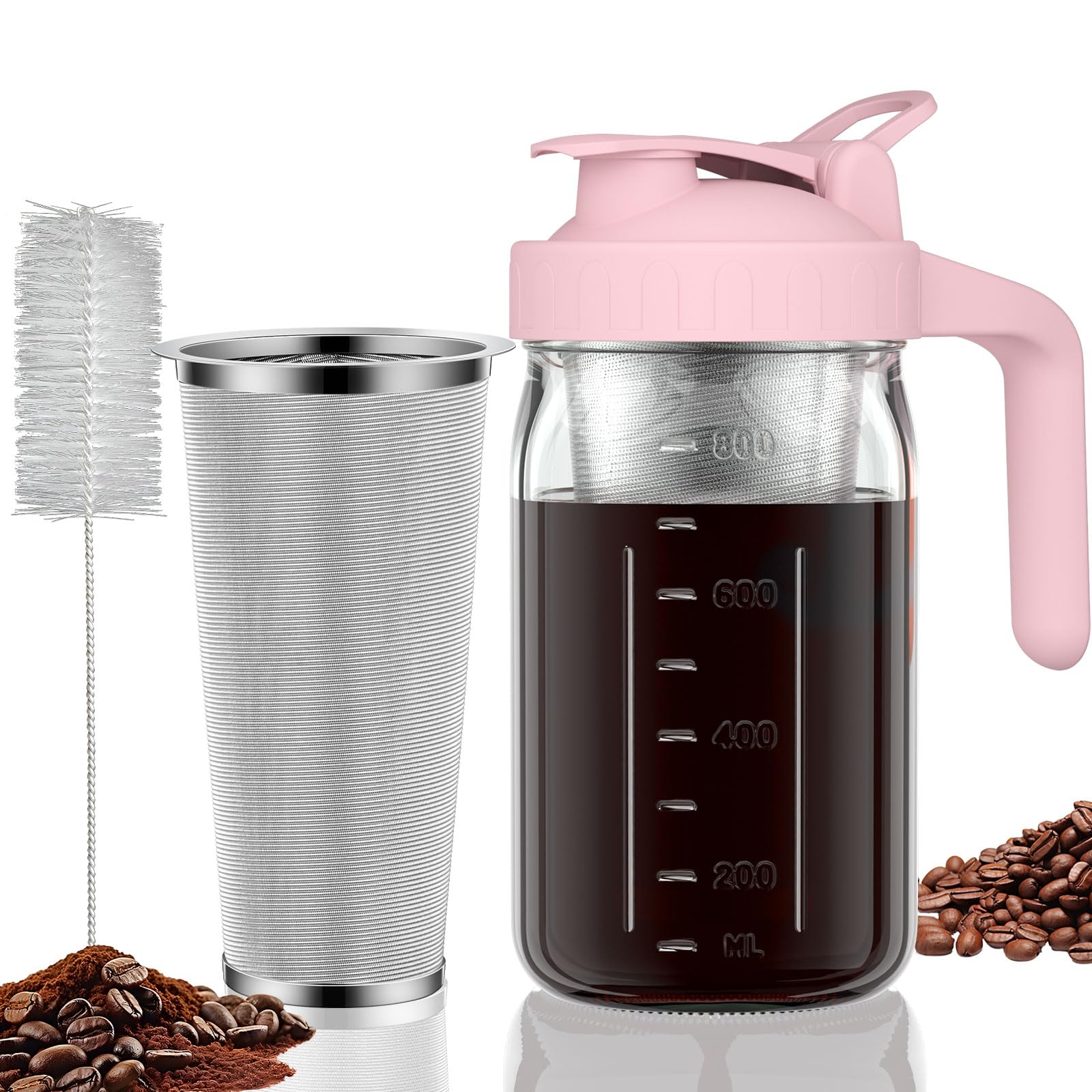 Cold Brew Coffee Maker Pitcher, 32 oz Thick Glass Mason Jar Spout Lid with Handle & Stainless Steel Filter for Iced Brew Coffee, Ice Lemonade, Sun Tea, Fruit Drinks Container: 32 Ounces Pink