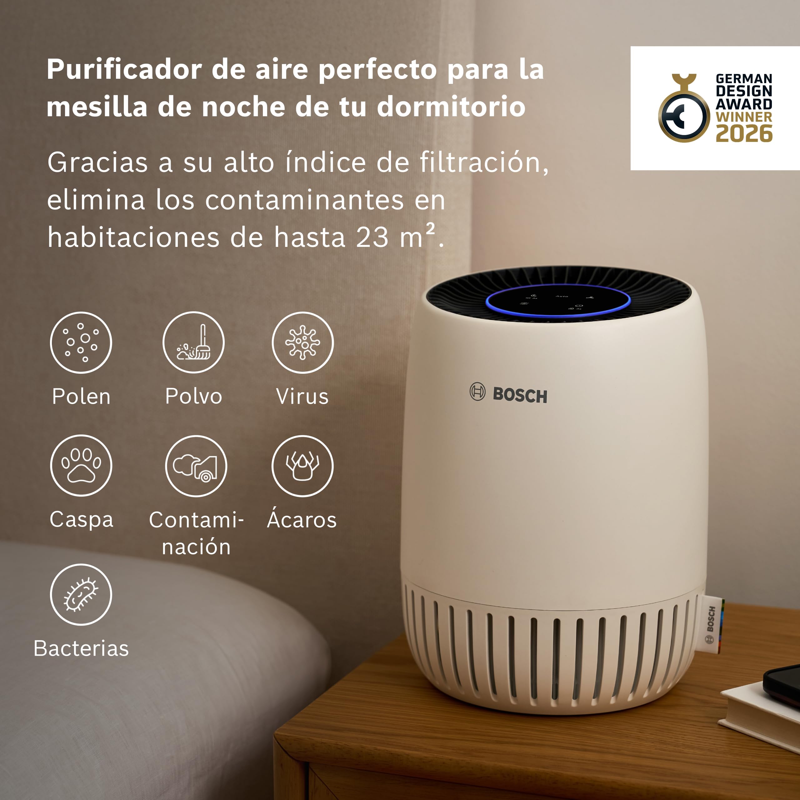 Bosch Air 1000 Purificador de Aire - Elimina contaminantes, incluye filtro de aire y modo silencioso (< 25 dB(A)) - para superficies de hasta 23 m² - con modo automático - CADR: 100 m³/h