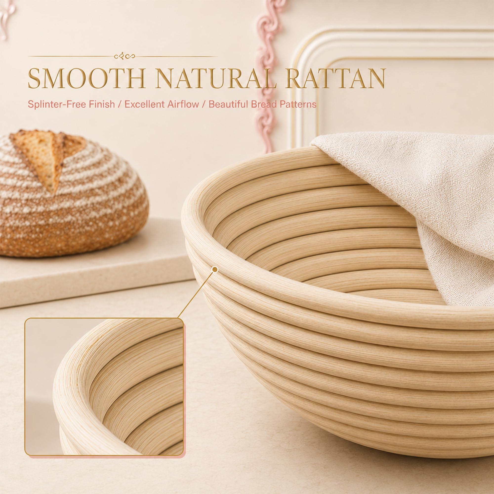 Kit per principianti con cestini rotondi e ovali in rattan | Kit per la preparazione del pane da 38 pezzi con barattolo, fionda per il pane, frusta, raschietto e strumenti da forno, rosa