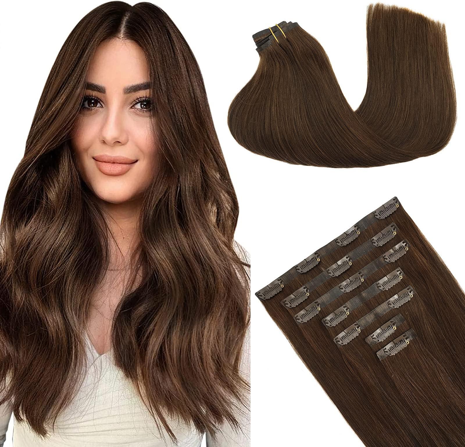GOO GOO Hair Extensions Clip in Human Hair 16 Inch Chocolate Brown 7pcs 130g PU Clip in Hair Extensions Remy Thick Natural Hair Extensions Full Head for Women