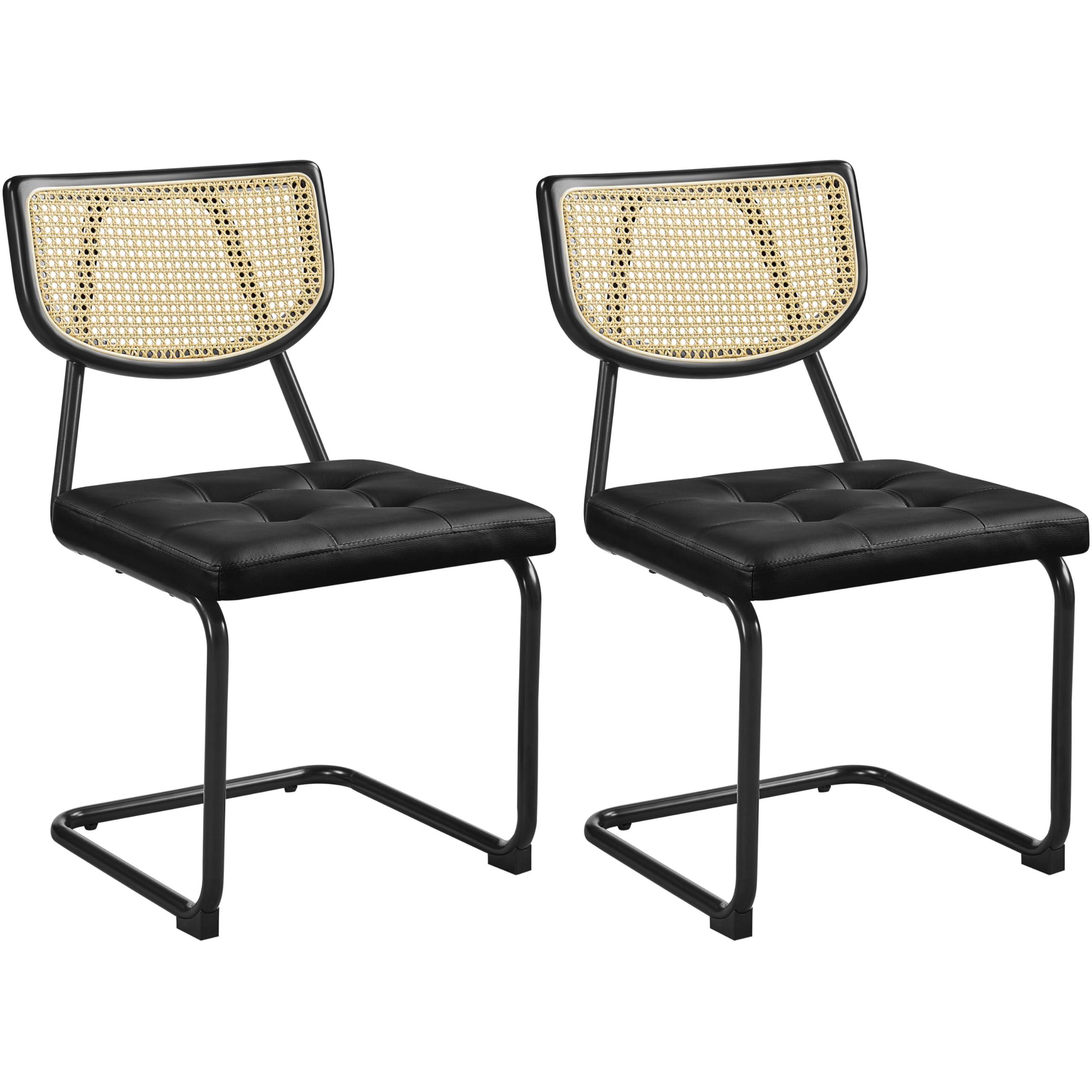 Yaheetech Juego de 2 Sillas de Comedor de Ratán Tejido de Mediados de Siglo Sillas de Cocina Asiento Acolchado Pata de Metal para Cocina Salón Piel sintética, Negro