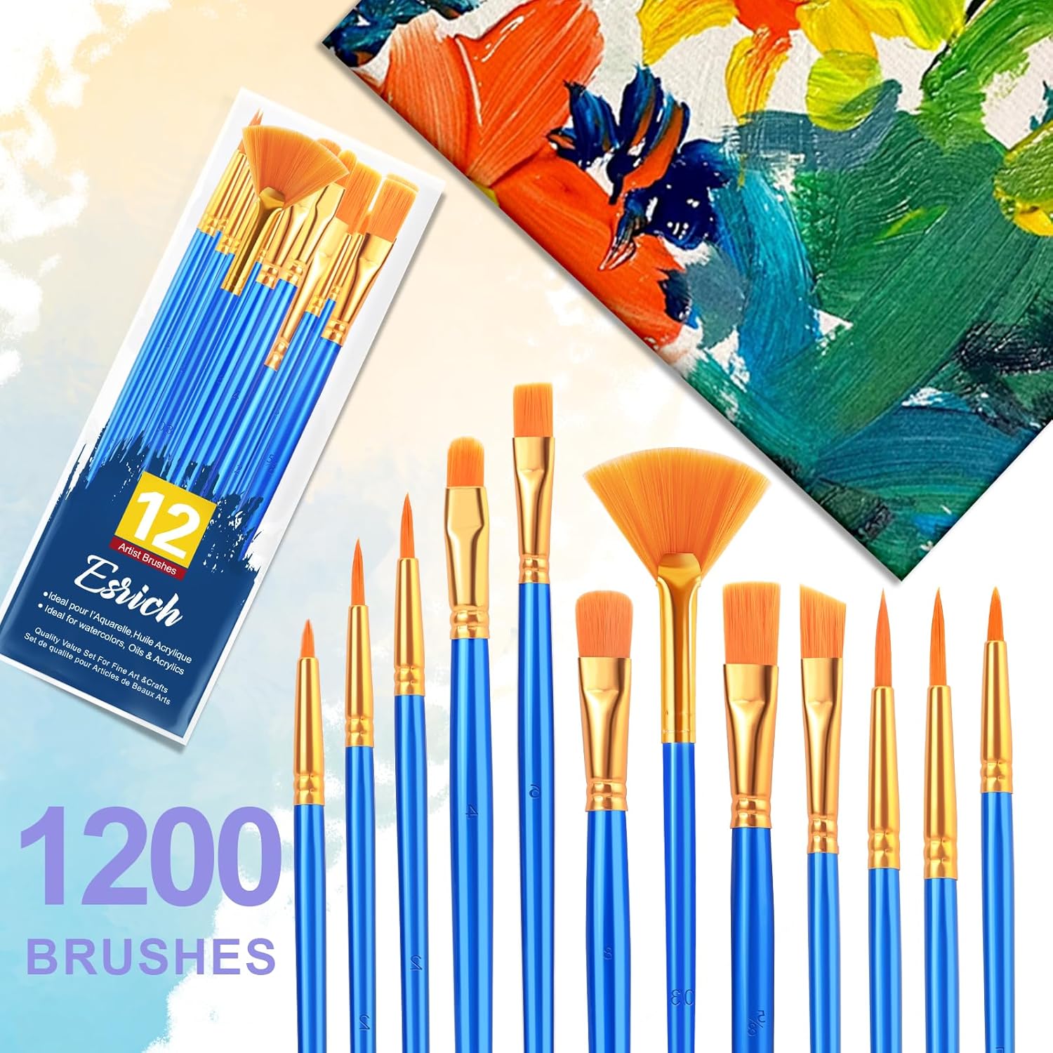 ESRICH 100pack/1200pcs Paint Brushes, Nylon Hair Paint Brushes Set Round-Pointed Tip Paint Brush for Acrylic Painting,Watercolor Oil Miniature Painting Kits,Paint Brush for Kids Adult Arts Supplies