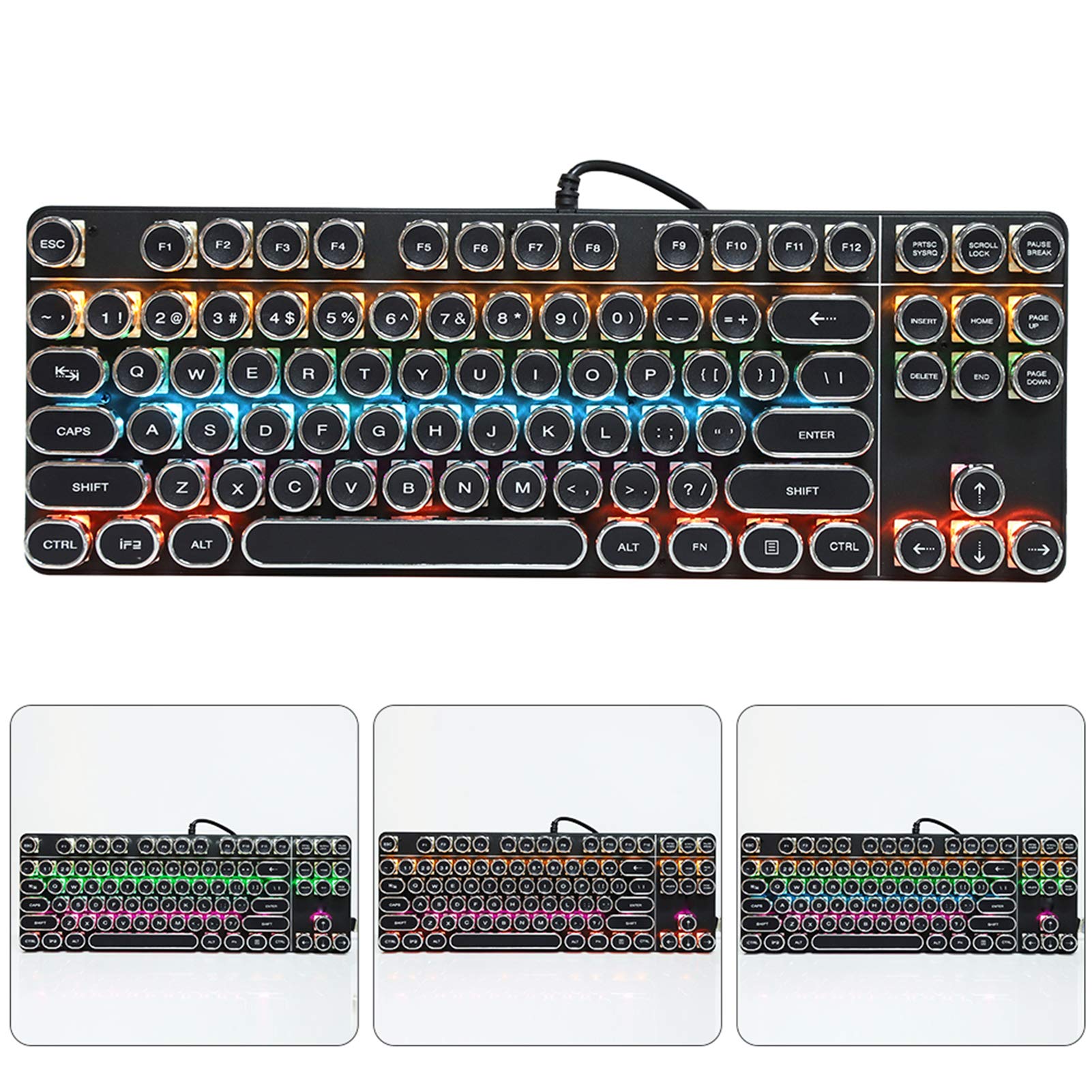 Mechaniczna Klawiatura do Gier, w Stylu Retro Punkowej Maszyny do Pisania, USB, Przewodowa z Okrągłymi Klawiszami, Podświetlana RGB dla Graczy na Laptopach