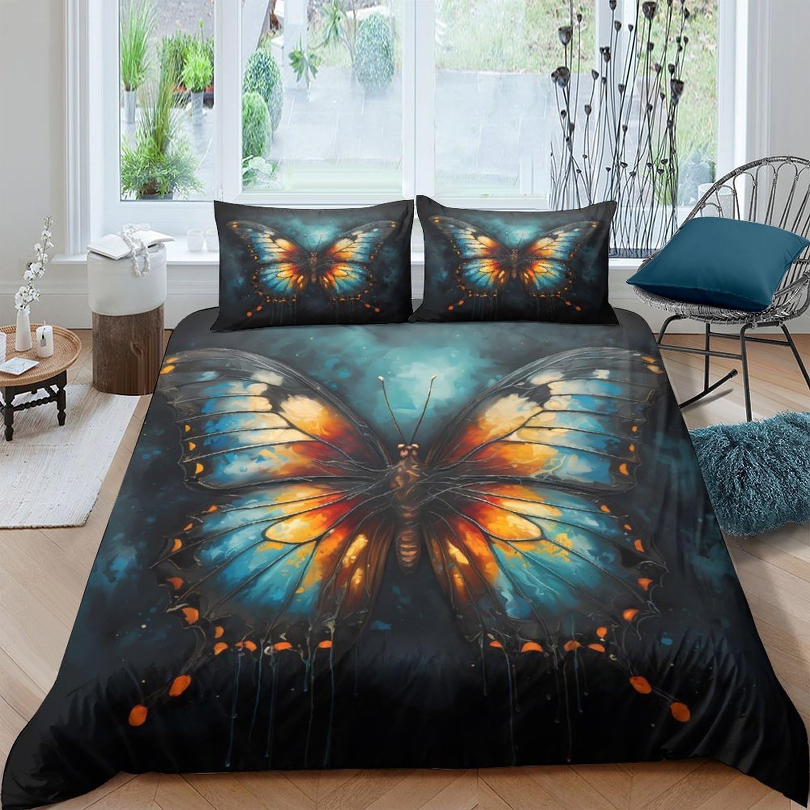 Ctjqhvkz Style-5 3D Printed Blue Orange Butterfly Fitted Sheet Microfiber Soft Bed Cover Artistic Pattern For Bedroom Guest Room Decor Single（135X200cm）
