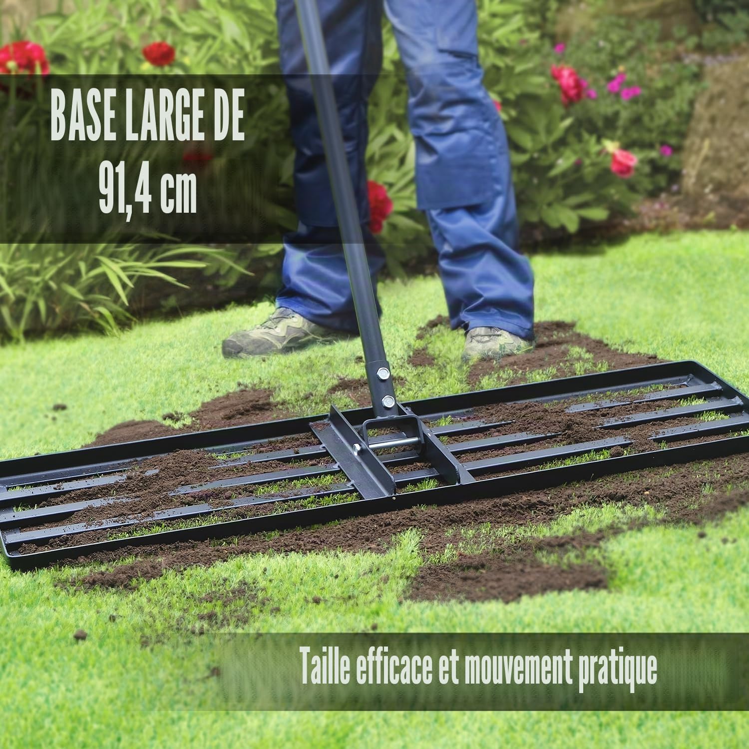 Jardineer Râteau de nivellement de pelouse robuste de 91,4 cm, manche de 183 cm de long pour gazon et sol, outil de nivellement de terre pour pelouse, jardin, entretien de terrain de golf