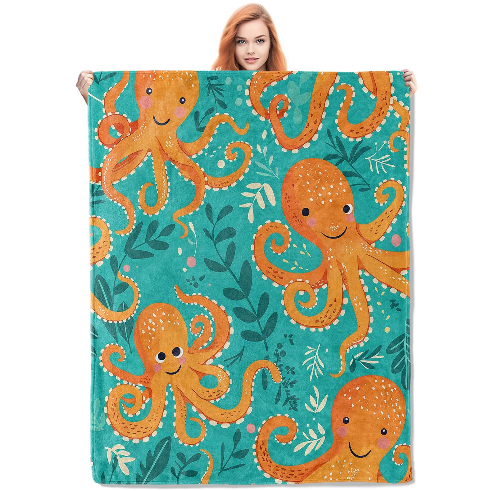 VANZEV Octopus Blanket, Cute Ocean-Themed Nautical Fleece Throw with Cartoon Octopus Design, Soft Cozy Lightweight Blanket, for Marine Life Lovers,